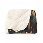 Sherpa Blanket - A sleek and stylish Art Deco-inspired pattern depicting a serene nocturnal landscape with streamlined cat silhouettes and radiating golden light among abstract plants.