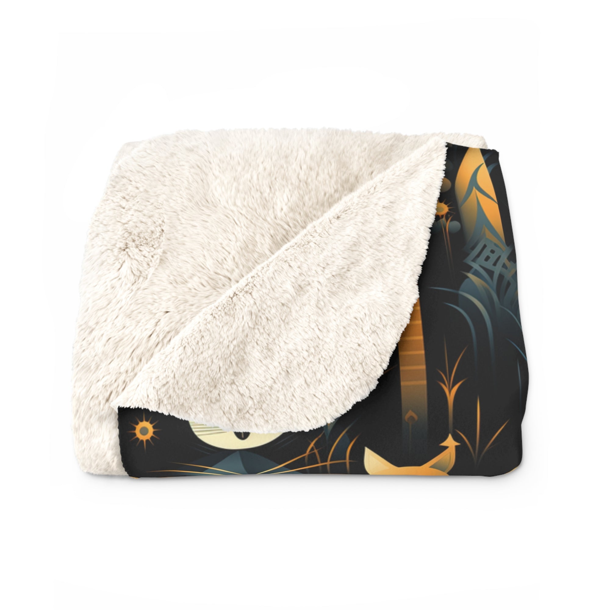 Sherpa Blanket - A sleek and stylish Art Deco-inspired pattern depicting a serene nocturnal landscape with streamlined cat silhouettes and radiating golden light among abstract plants.