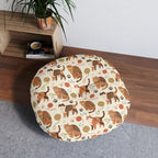 Indoor Round Floor Pillow - Artistic patterned cats in warm earth tones, unique tribal and folk art designs, playful felines with yarn and paw prints, bohemian animal print, cream background, creative cat art