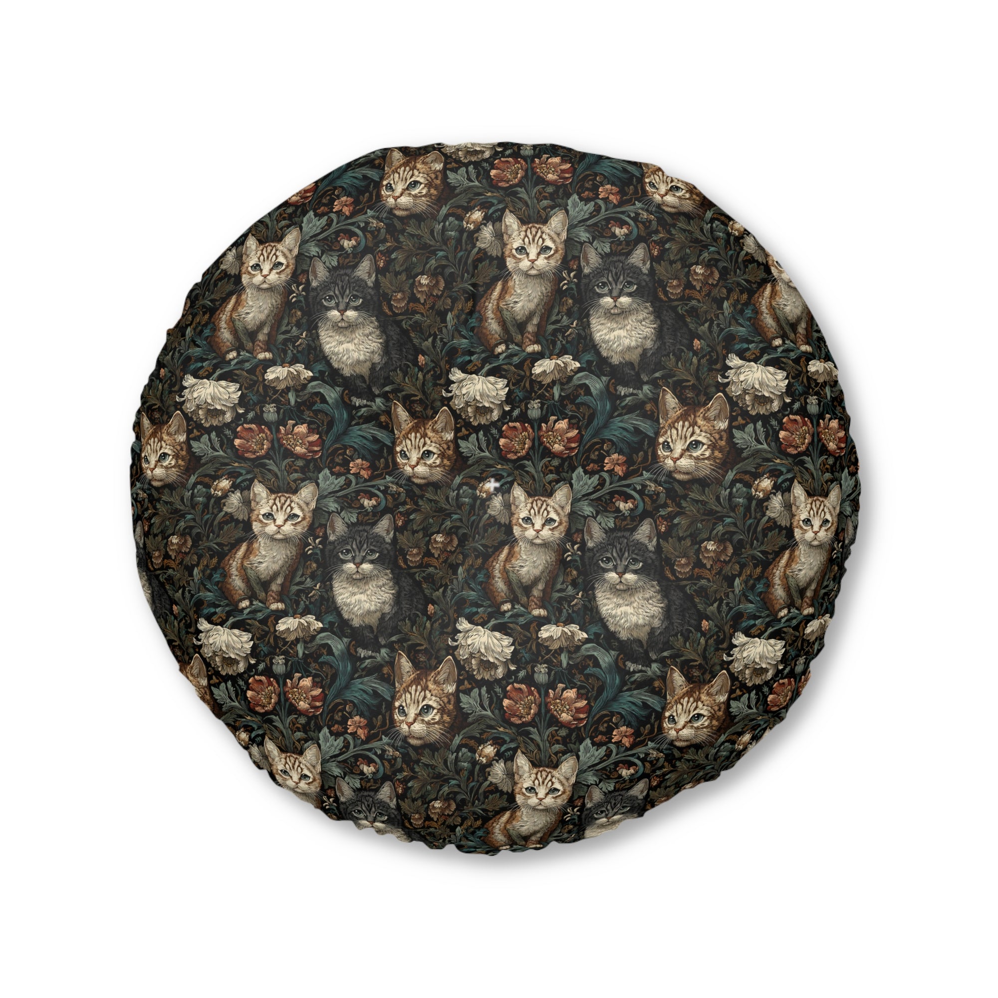 Indoor Round Floor Pillow - Brown Tabby Kittens Among Dark Green and Peach Floral Vines, Moody Vintage Style