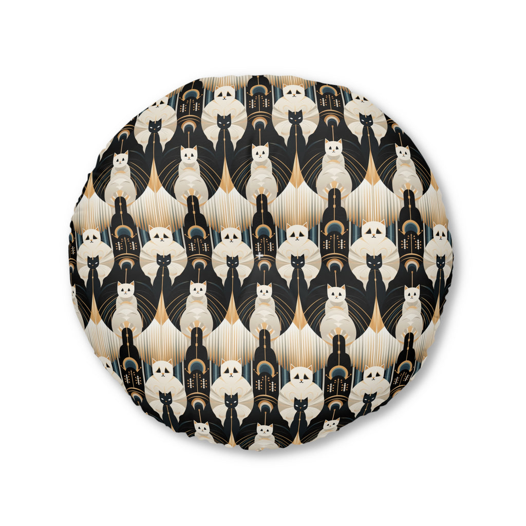 Indoor Round Floor Pillow - An elegant and artistic Art Deco-style pattern featuring streamlined white cats with a striking geometric backdrop of golden and black lines and shapes.