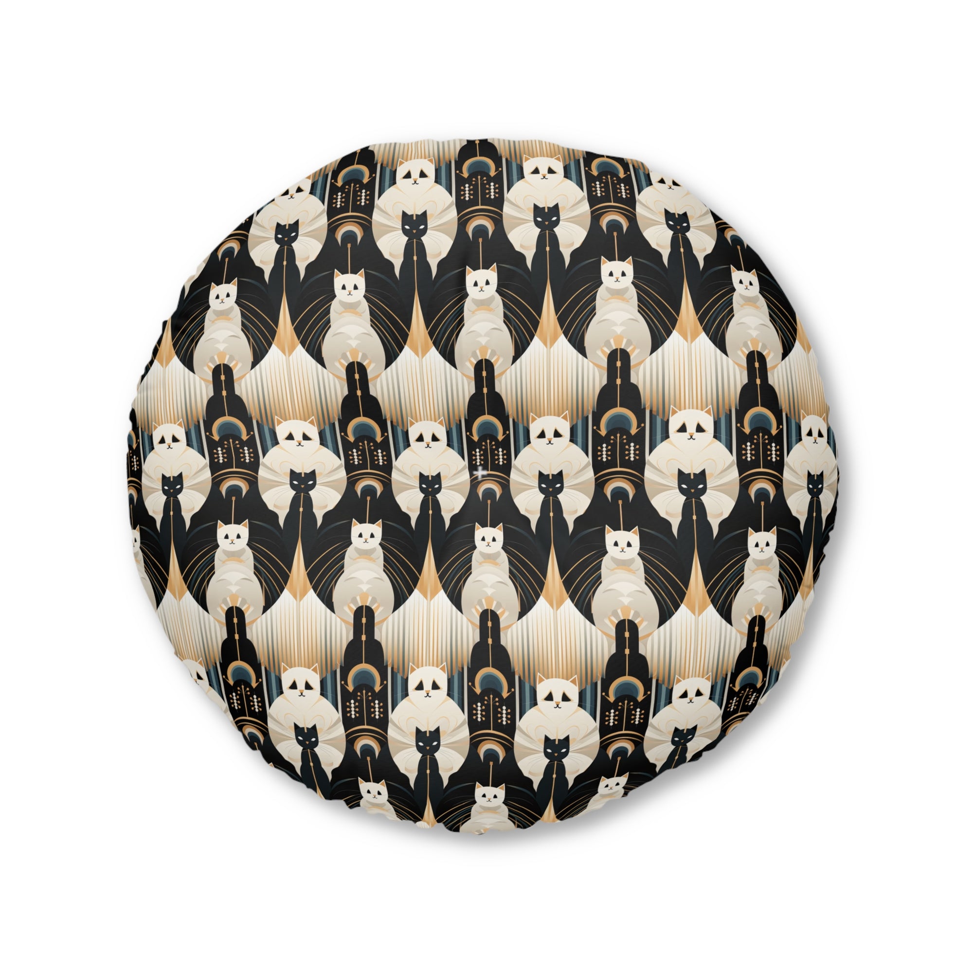 Indoor Round Floor Pillow - An elegant and artistic Art Deco-style pattern featuring streamlined white cats with a striking geometric backdrop of golden and black lines and shapes.