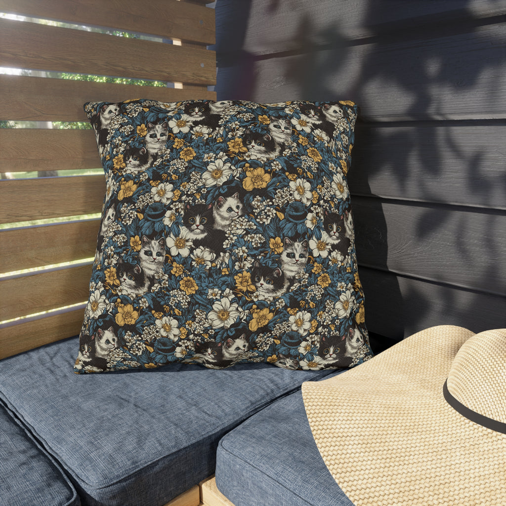 Outdoor Pillow - Black and White Kittens with Yellow and White Flowers, Dark Blue Leaves, Vintage Charm