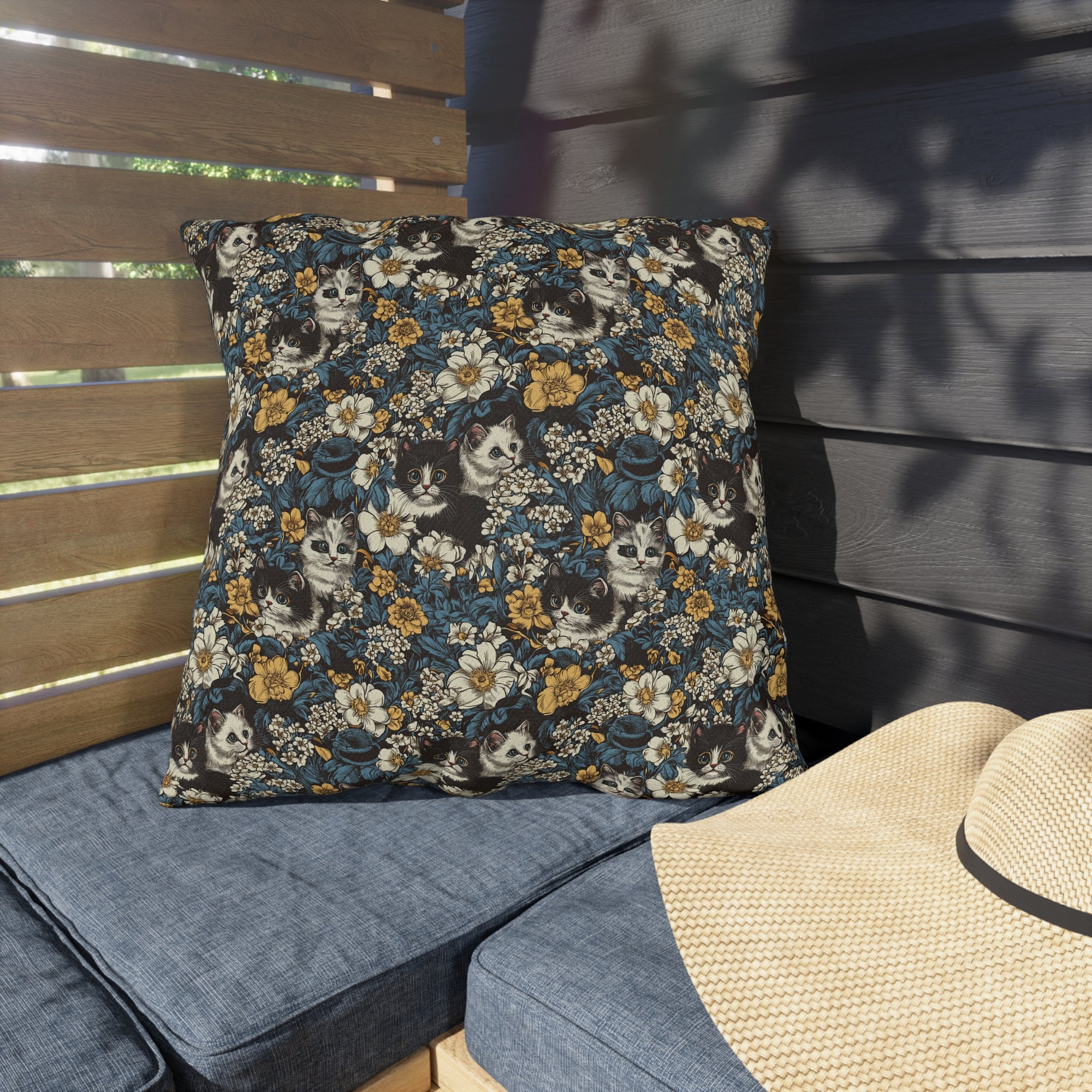Outdoor Pillow - Black and White Kittens with Yellow and White Flowers, Dark Blue Leaves, Vintage Charm