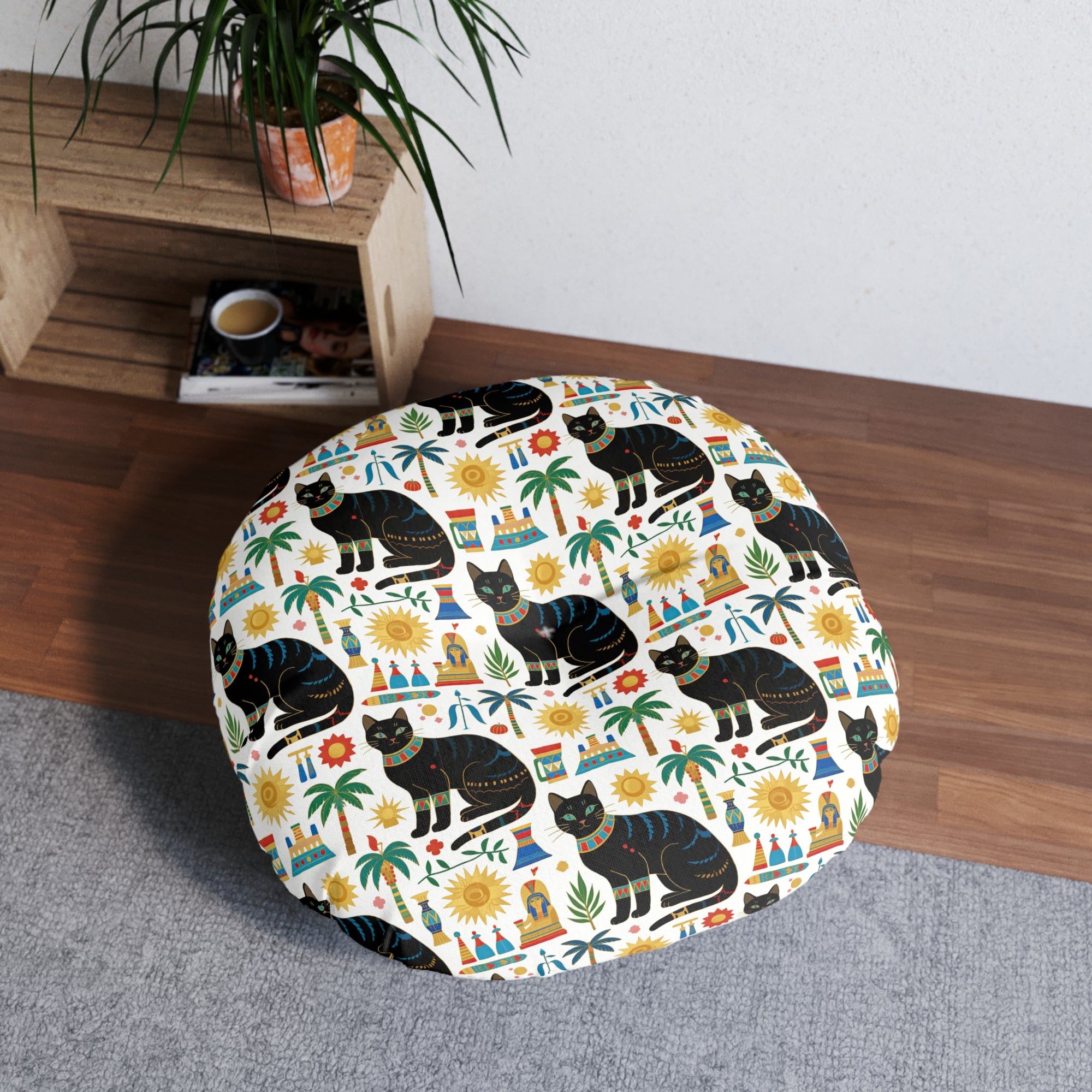 Indoor Round Floor Pillow - Majestic Black Egyptian Cats with Vibrant Adornments and Desert Motifs Create a Striking and Culturally Rich Design