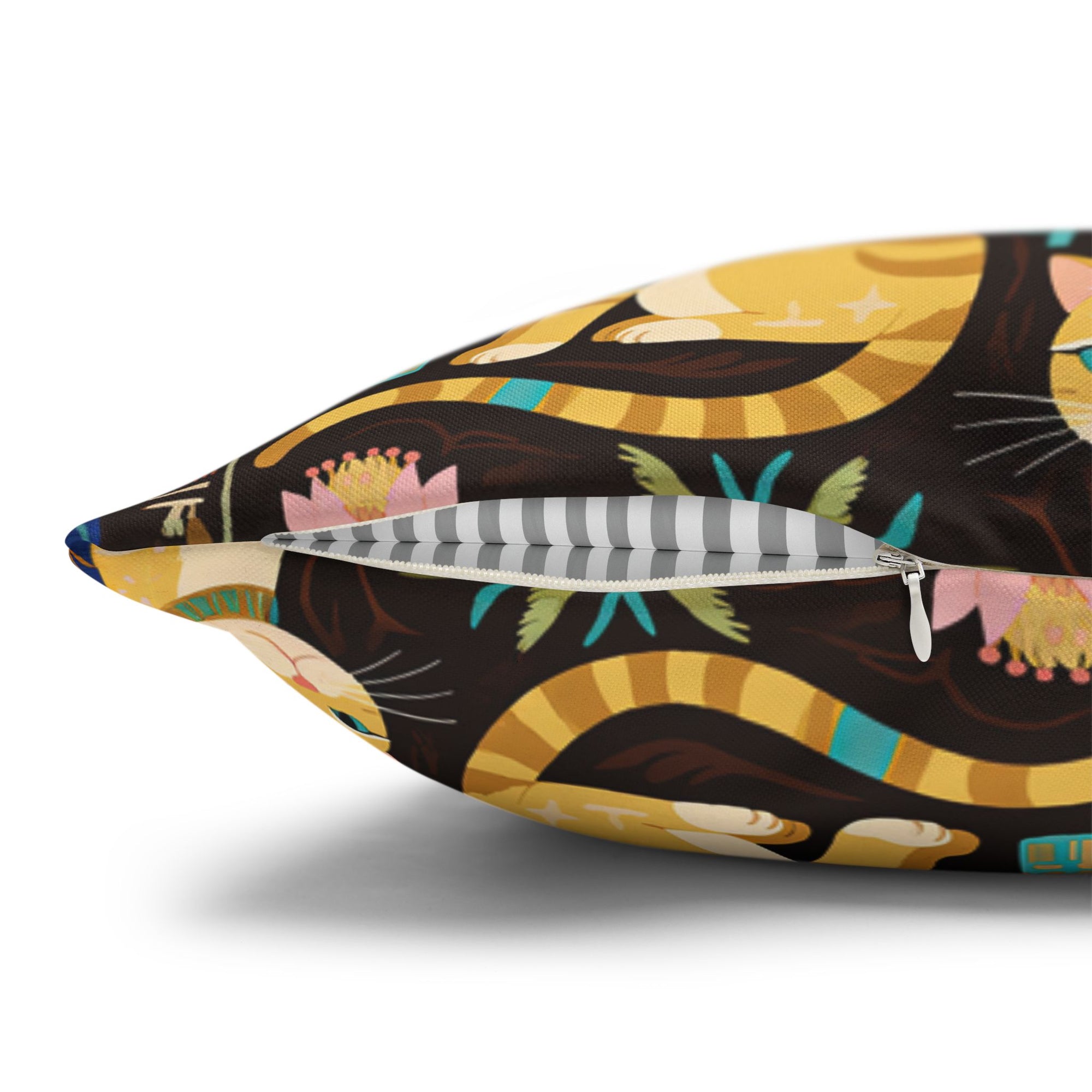 Square Pillowcase - Golden Egyptian Cats with Pharaonic Headpieces Amidst Lush Palms and Lotus Flowers in an Exotic and Vibrant Scene