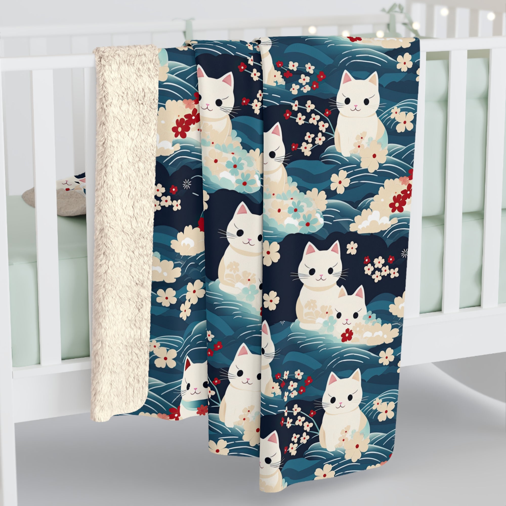 Sherpa Blanket - A lovely, playful, Japanese-inspired illustration of sweet white cats sitting on rolling blue waves with red and white flowers and gentle clouds.
