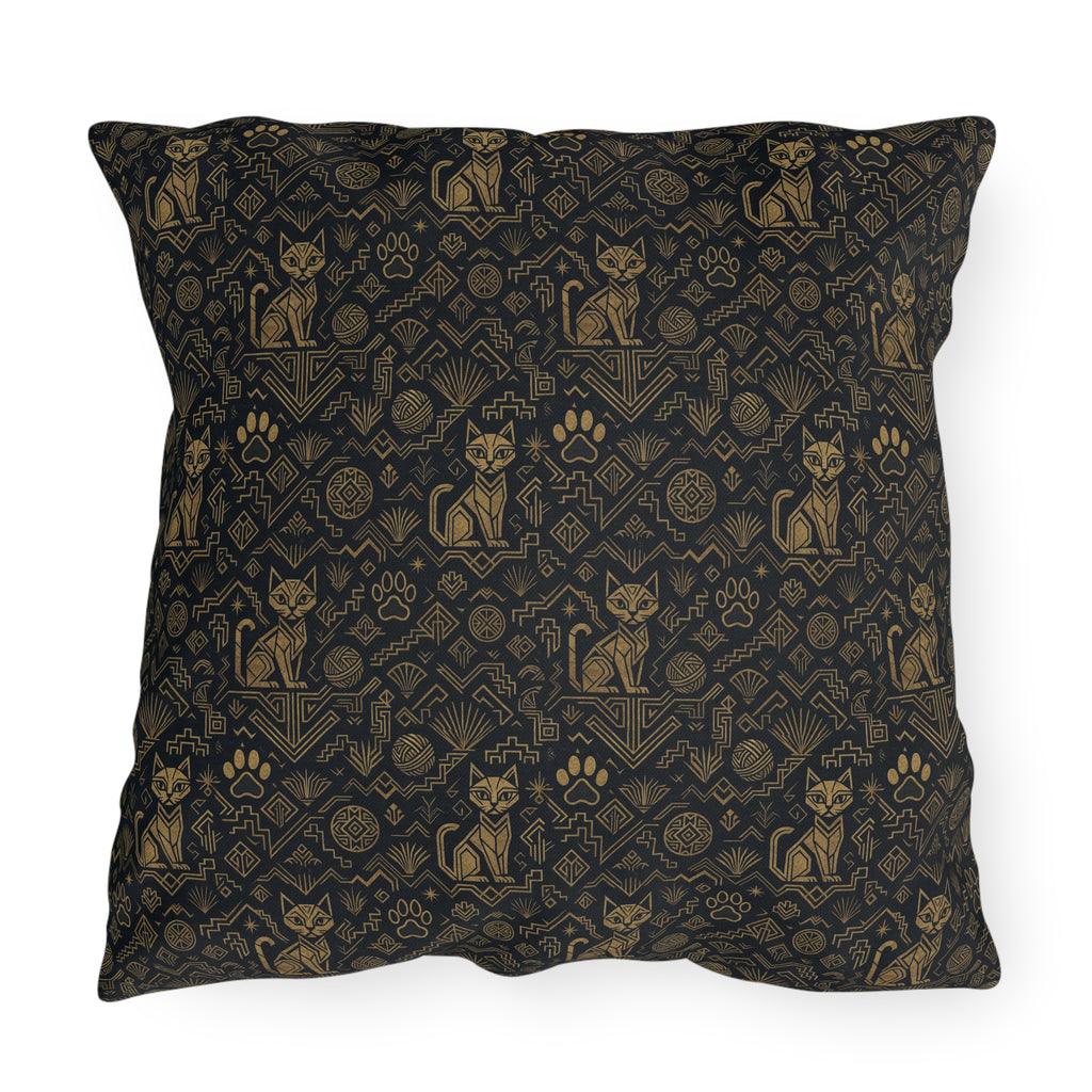 Outdoor Pillow - Art Deco Inspired Golden Cat Silhouettes and Geometric Patterns Create a Sophisticated and Stylized Modern Design