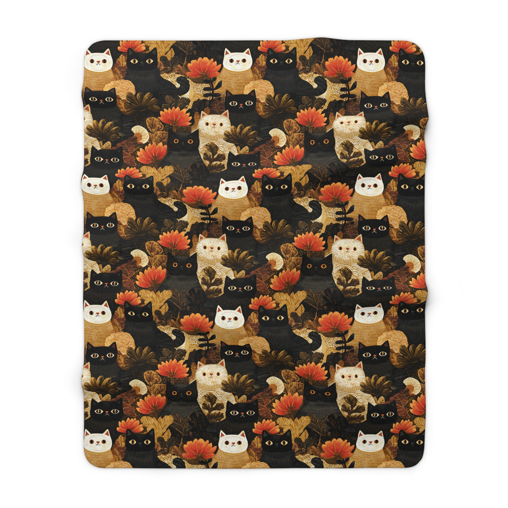 Sherpa Blanket - A dark and fantastical illustrative painting of many different cats and plants, creating a dense, mysterious, and golden jungle or forest scene.