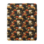Sherpa Blanket - A dark and fantastical illustrative painting of many different cats and plants, creating a dense, mysterious, and golden jungle or forest scene.