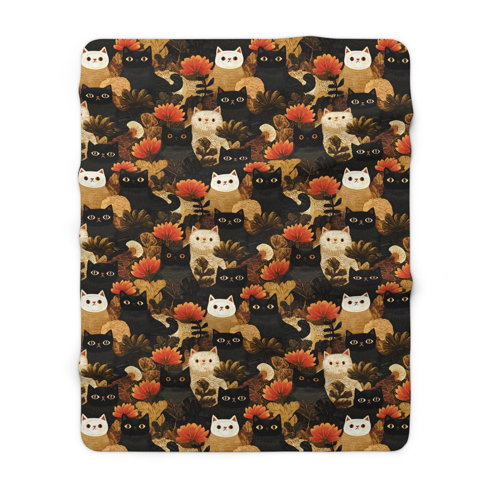 Sherpa Blanket - A dark and fantastical illustrative painting of many different cats and plants, creating a dense, mysterious, and golden jungle or forest scene.