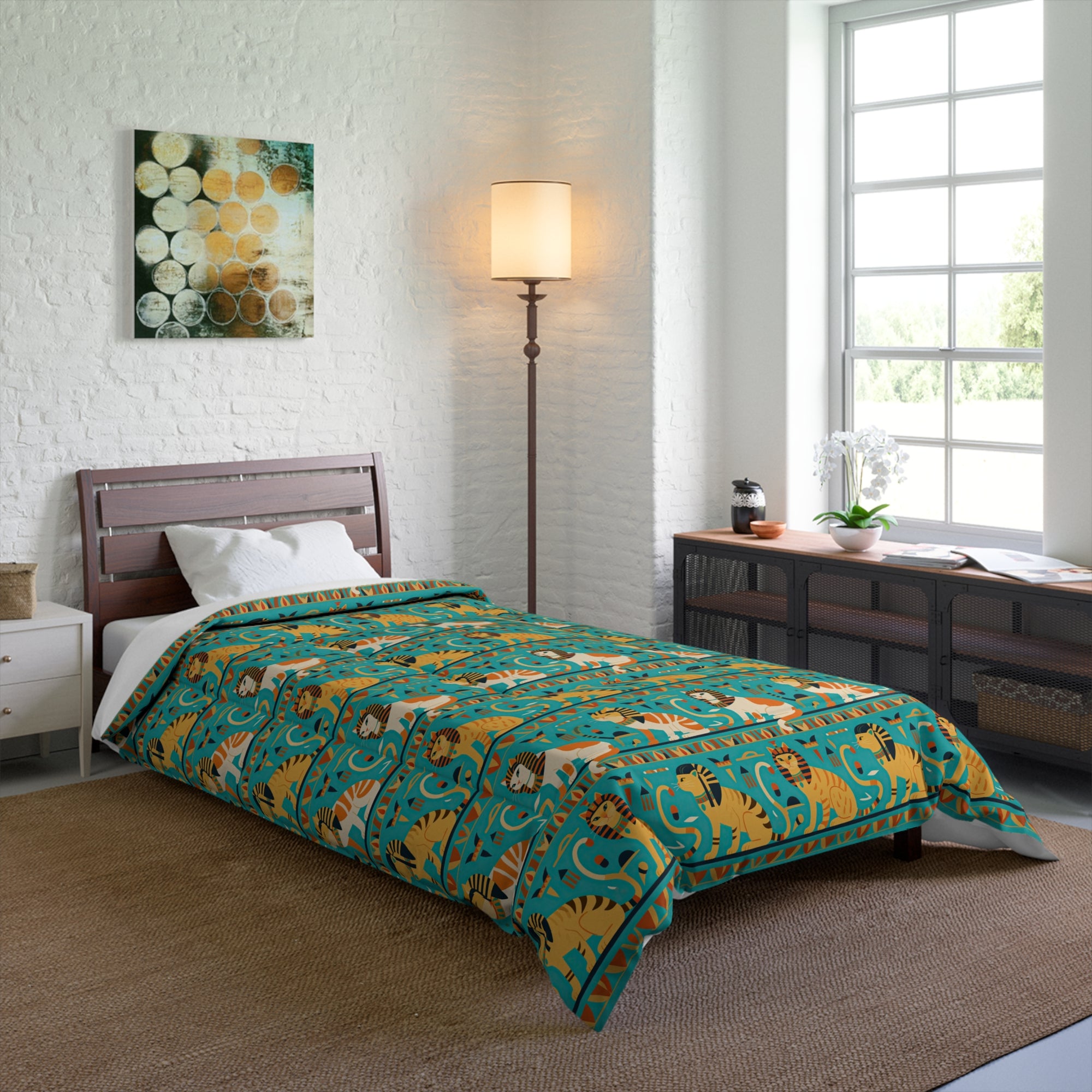 Comforter - Horizontal Stripes of Golden Egyptian Cats and Intricate Hieroglyphs Form a Repeating and Historically Themed Border Pattern