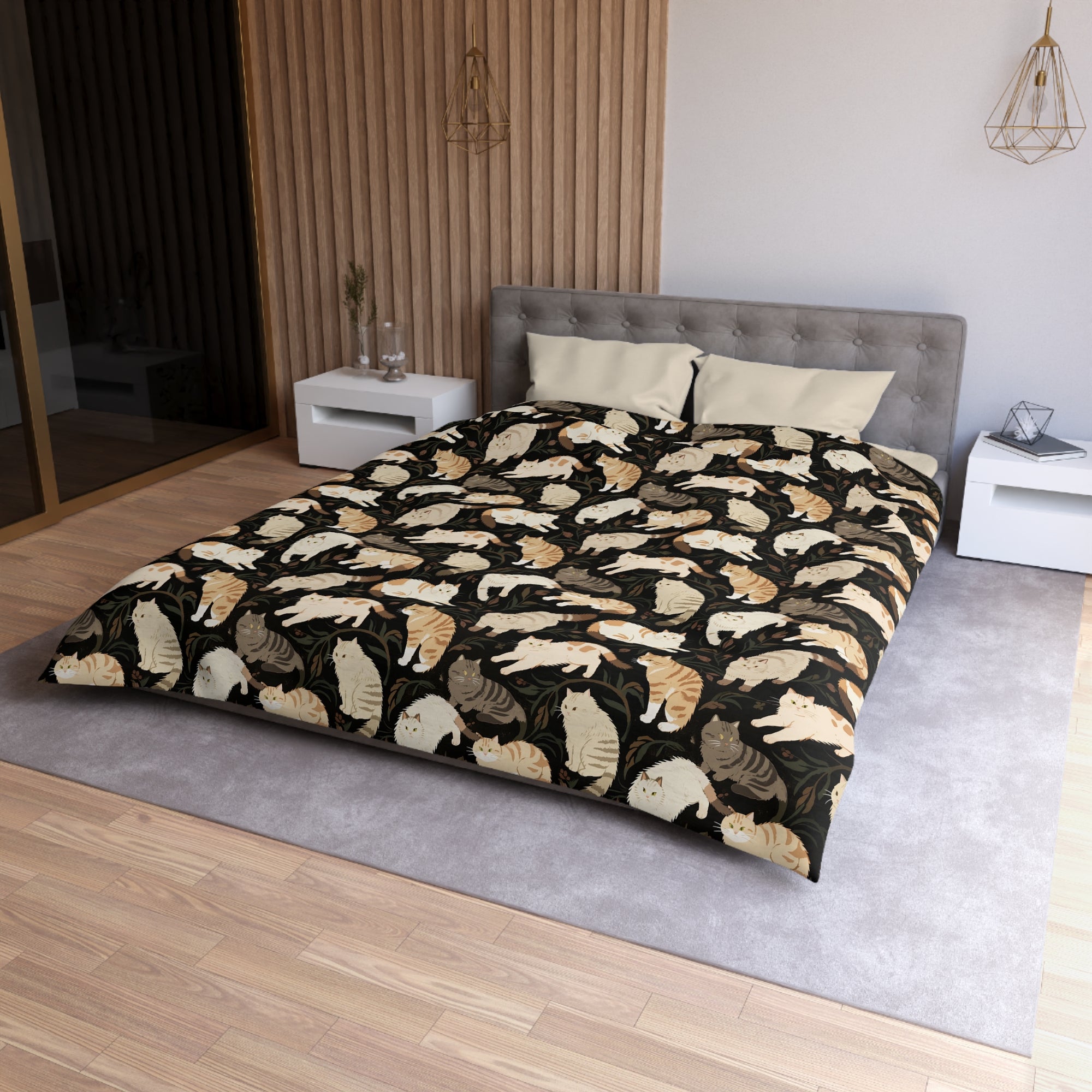 Duvet Cover - Earthy Toned Cats Lounge and Play Amidst Dark Foliage in a Serene and Naturally Inspired Seamless Pattern Design