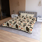 Duvet Cover - Intricate tribal patterned black cats, colorful folk art style, playful felines with yarn balls and paw prints, artistic and bohemian cat design, cream background, unique animal print