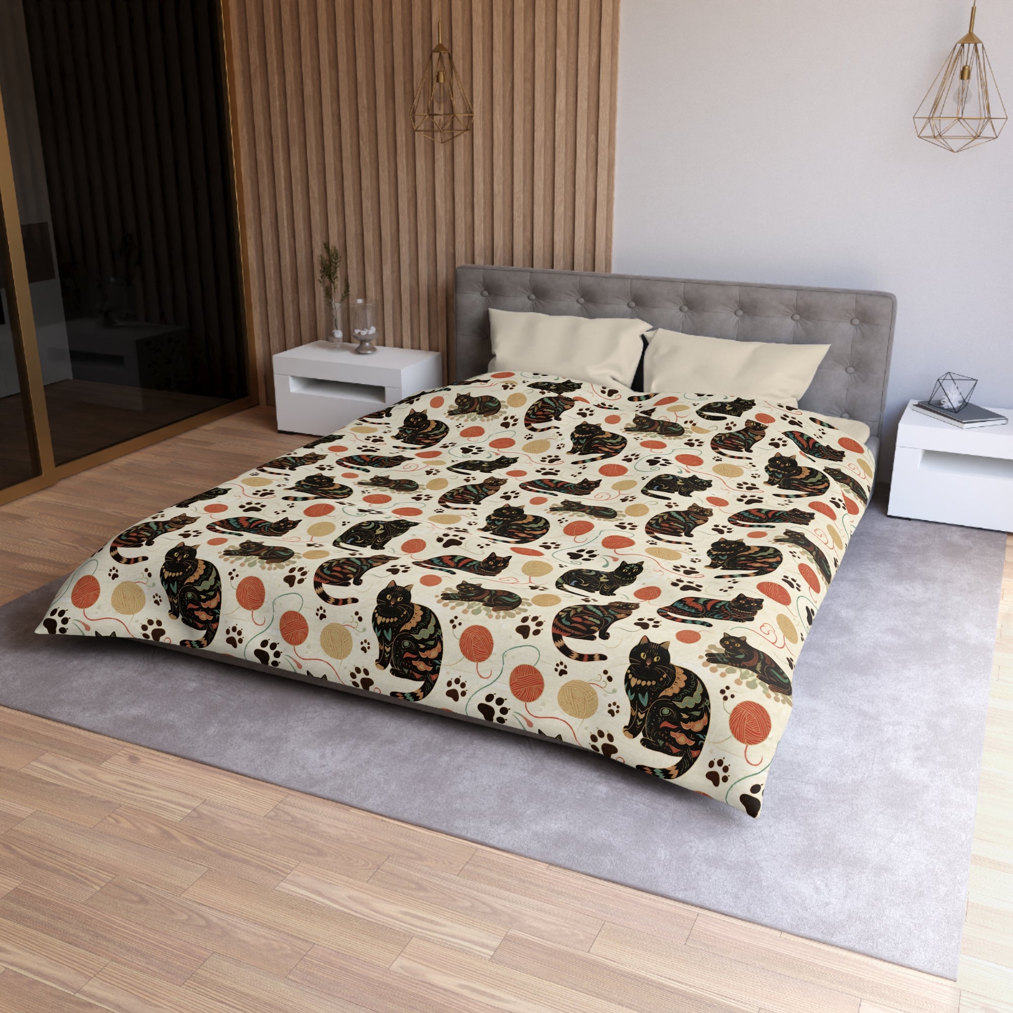 Duvet Cover - Intricate tribal patterned black cats, colorful folk art style, playful felines with yarn balls and paw prints, artistic and bohemian cat design, cream background, unique animal print