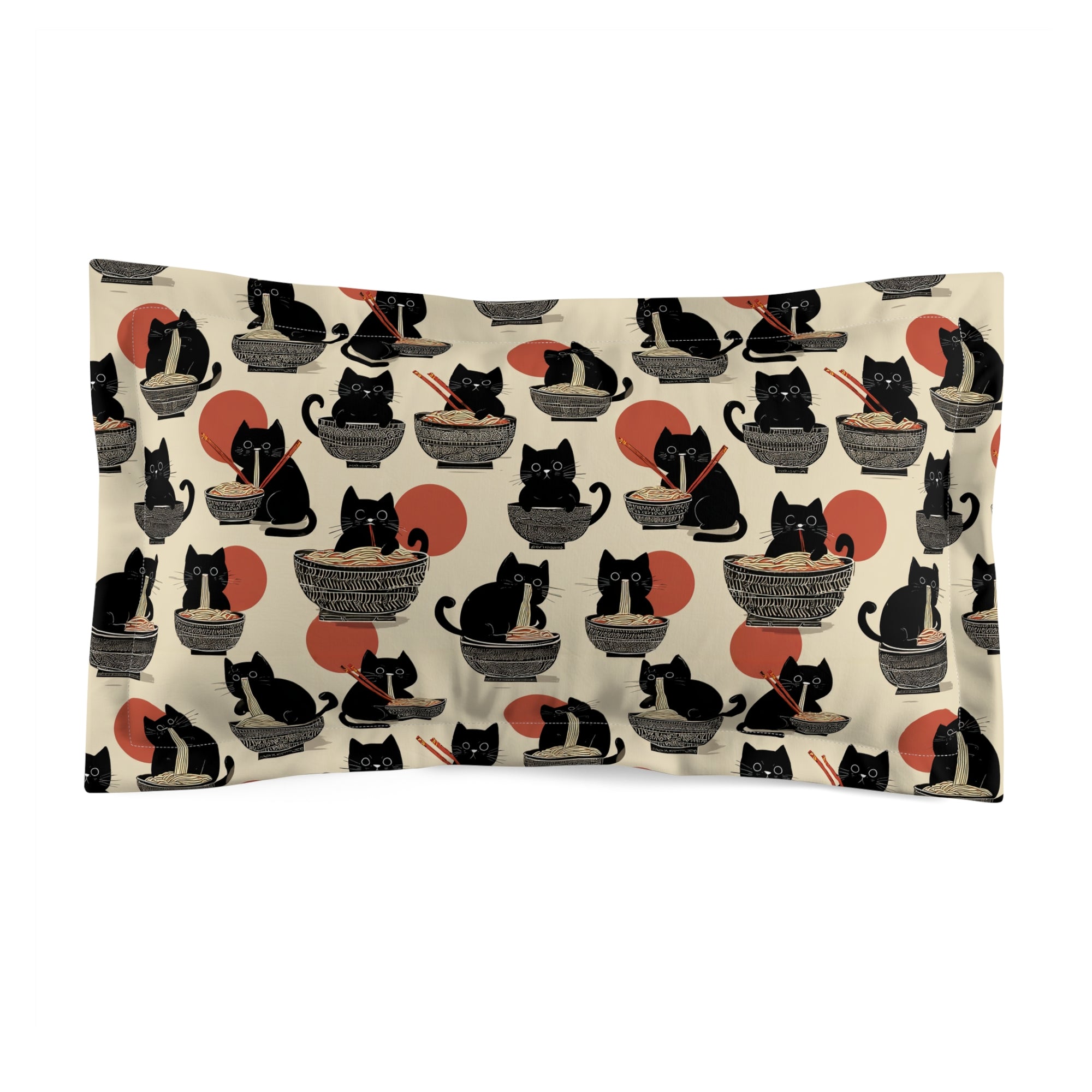 Pillow Sham - A whimsical and delightful hand-drawn style pattern of adorable black cats eating bowls of delicious ramen noodles with a large red sun in the background.