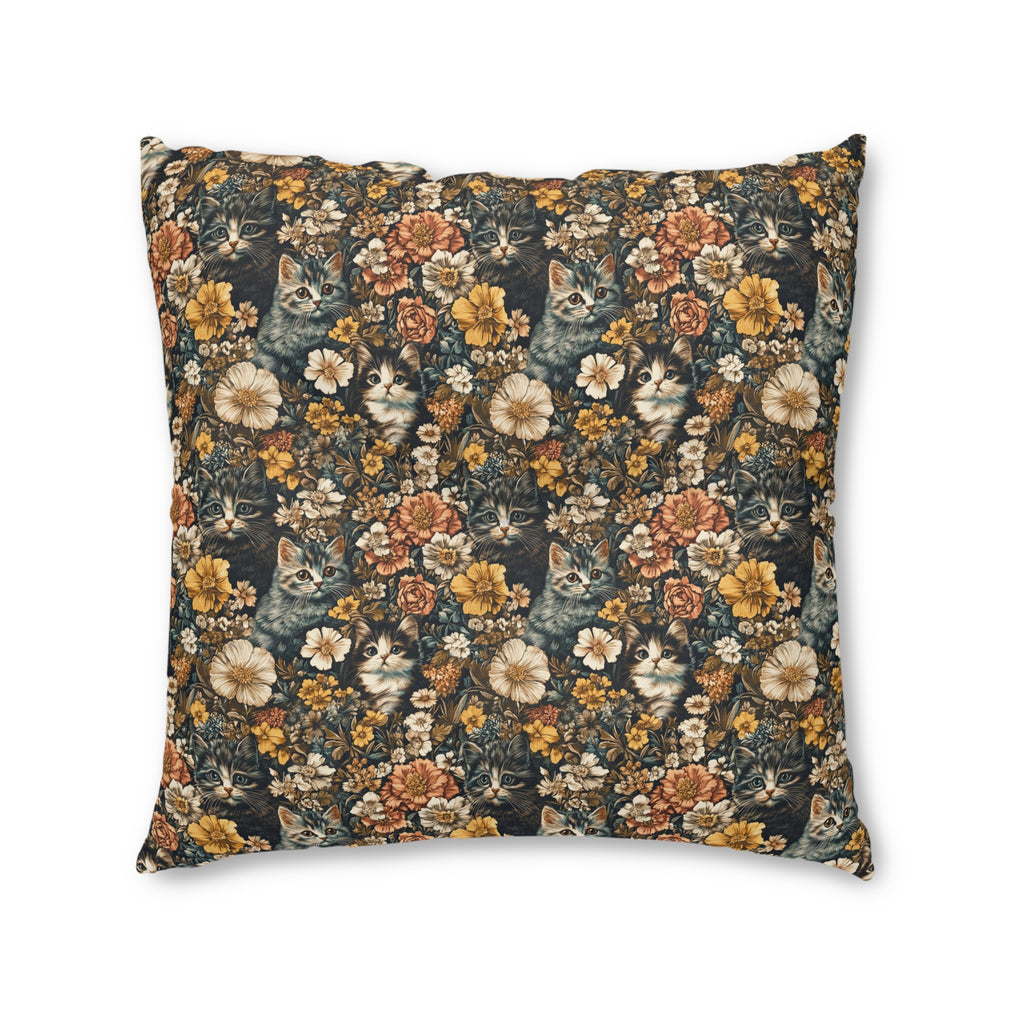 Indoor Square Floor Pillow - Grey Tabby Kittens Among Yellow and Peach Flowers, Moody Vintage Botanical Illustration