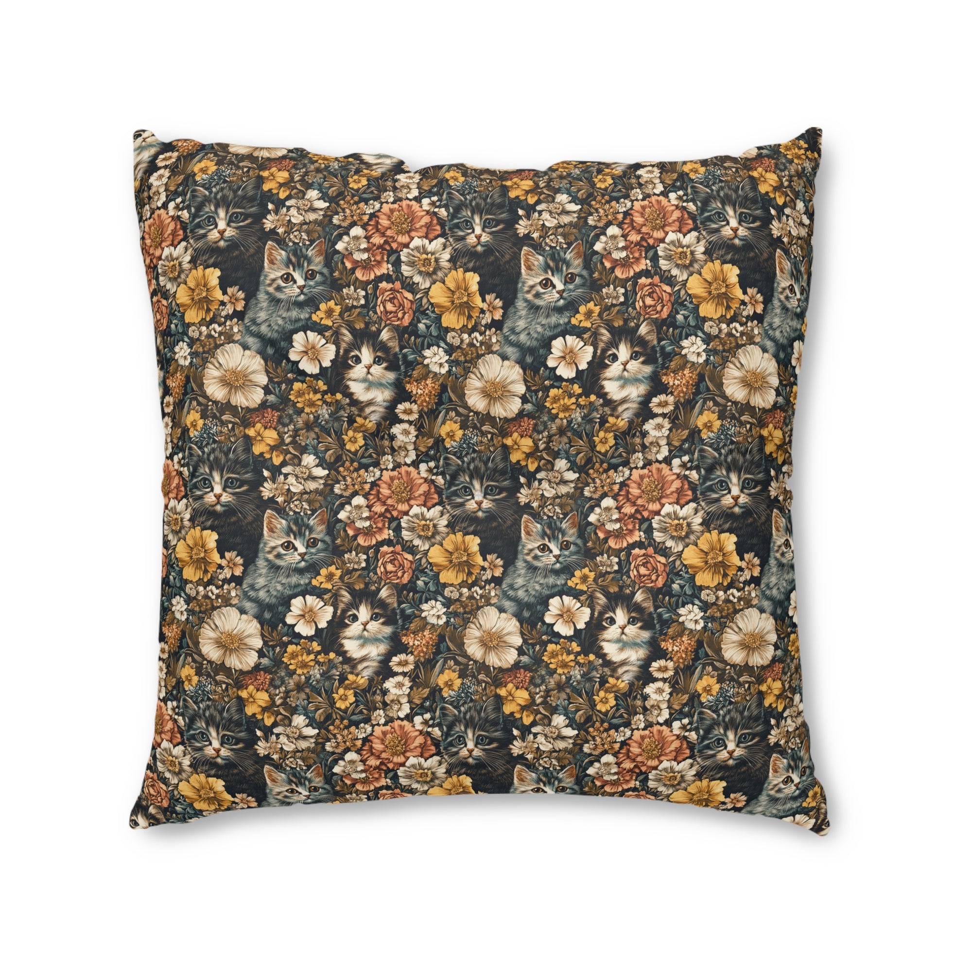 Indoor Square Floor Pillow - Grey Tabby Kittens Among Yellow and Peach Flowers, Moody Vintage Botanical Illustration
