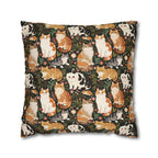 Square Pillowcase - Whimsical cat and kitten garden party, various cat breeds amidst green foliage and pink flowers, charming animal illustration, dark forest green background, playful and natural art