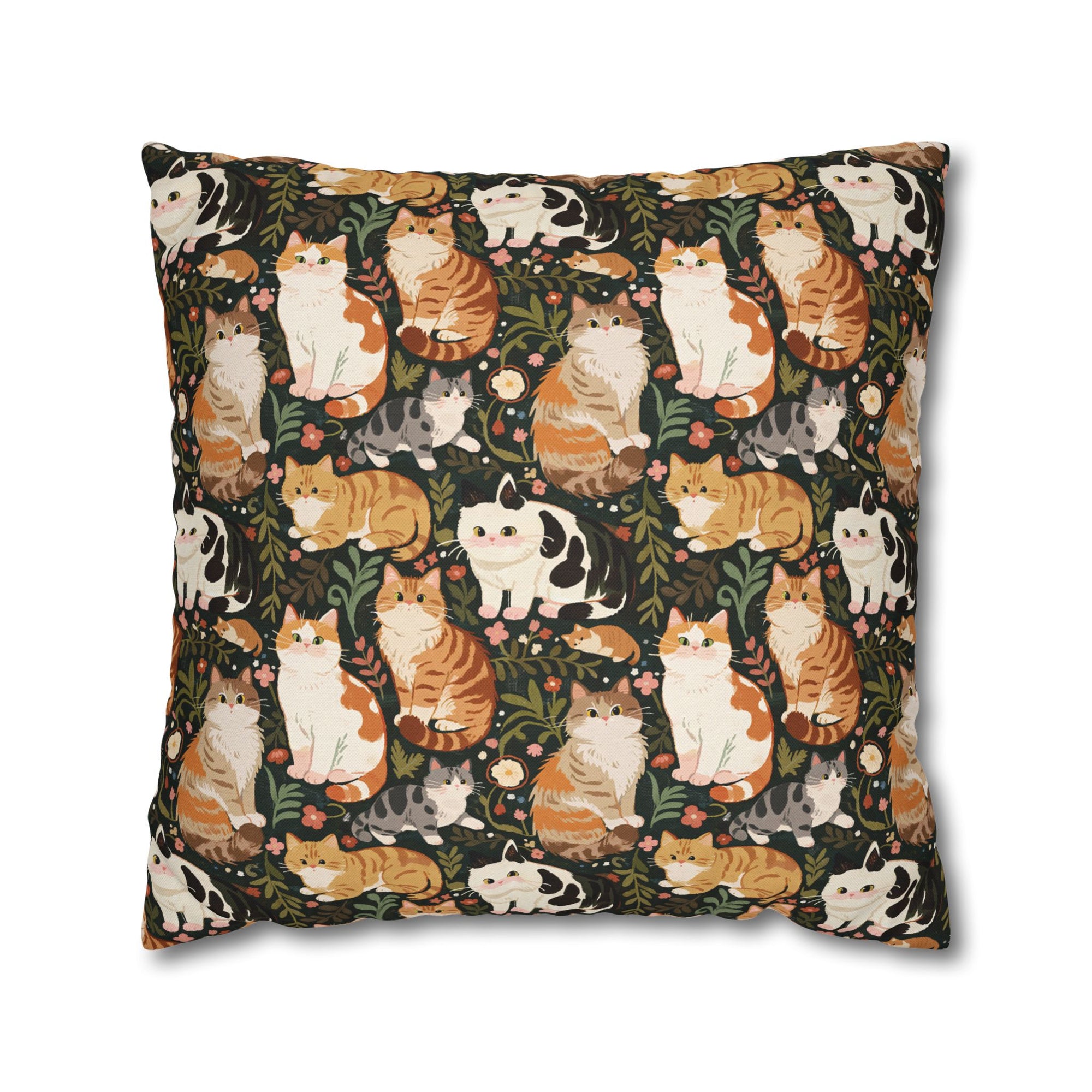 Square Pillowcase - Whimsical cat and kitten garden party, various cat breeds amidst green foliage and pink flowers, charming animal illustration, dark forest green background, playful and natural art