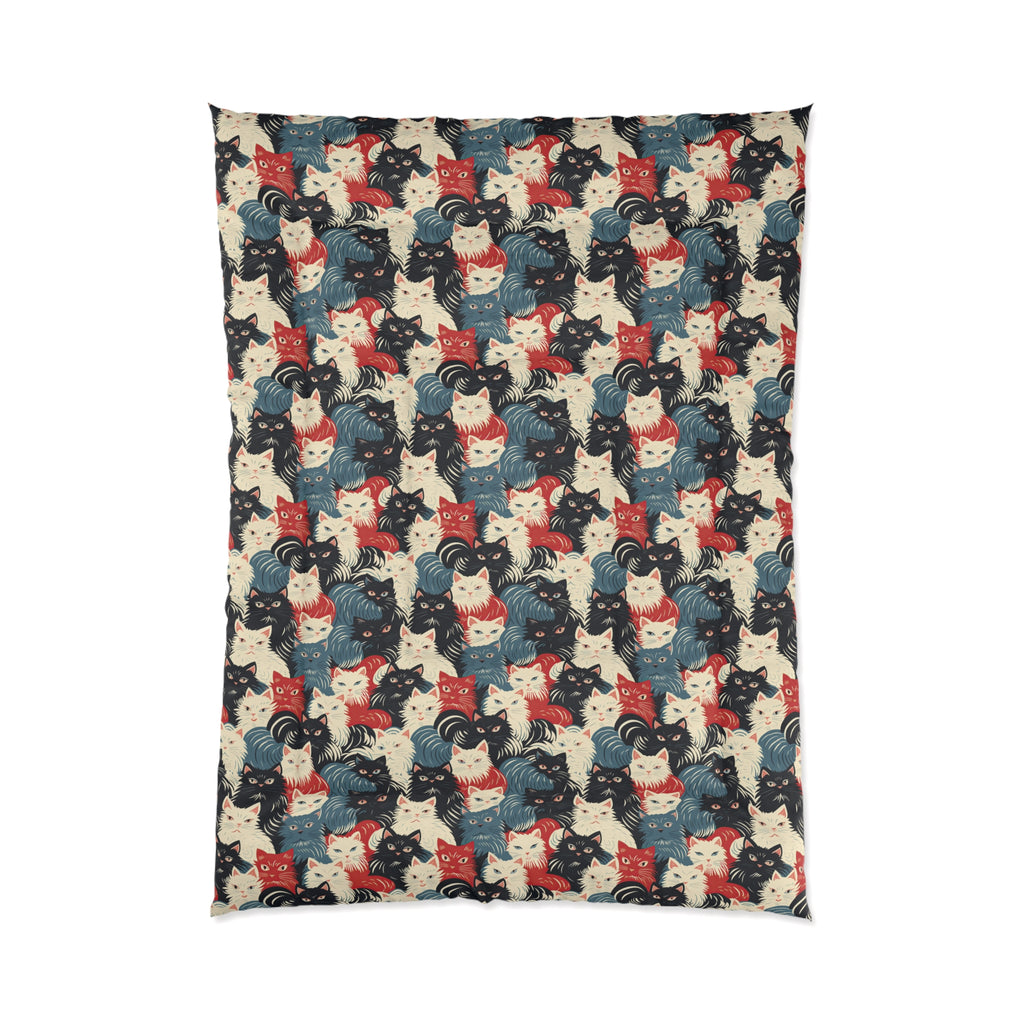 Comforter - A bold and graphic pop art style illustration featuring a tight-knit cluster of various fluffy felines in black, white, red, and blue.