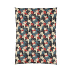 Comforter - A bold and graphic pop art style illustration featuring a tight-knit cluster of various fluffy felines in black, white, red, and blue.