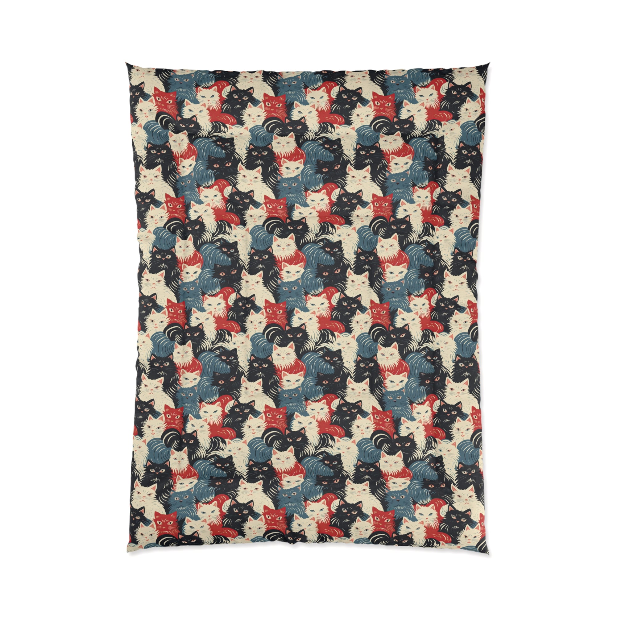 Comforter - A bold and graphic pop art style illustration featuring a tight-knit cluster of various fluffy felines in black, white, red, and blue.