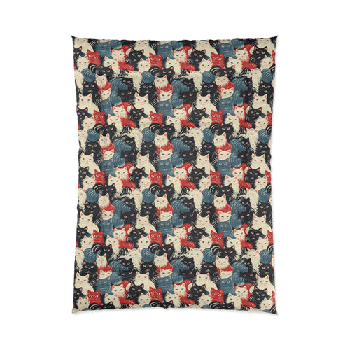 Comforter - A bold and graphic pop art style illustration featuring a tight-knit cluster of various fluffy felines in black, white, red, and blue.