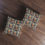 Indoor Square Floor Pillow - A charming and detailed illustration of happy kittens in red ramen bowls eating their noodles with chopsticks among beautiful pink cherry blossoms on a dark background.