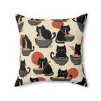Indoor Square Pillow - A whimsical and delightful hand-drawn style pattern of adorable black cats eating bowls of delicious ramen noodles with a large red sun in the background.