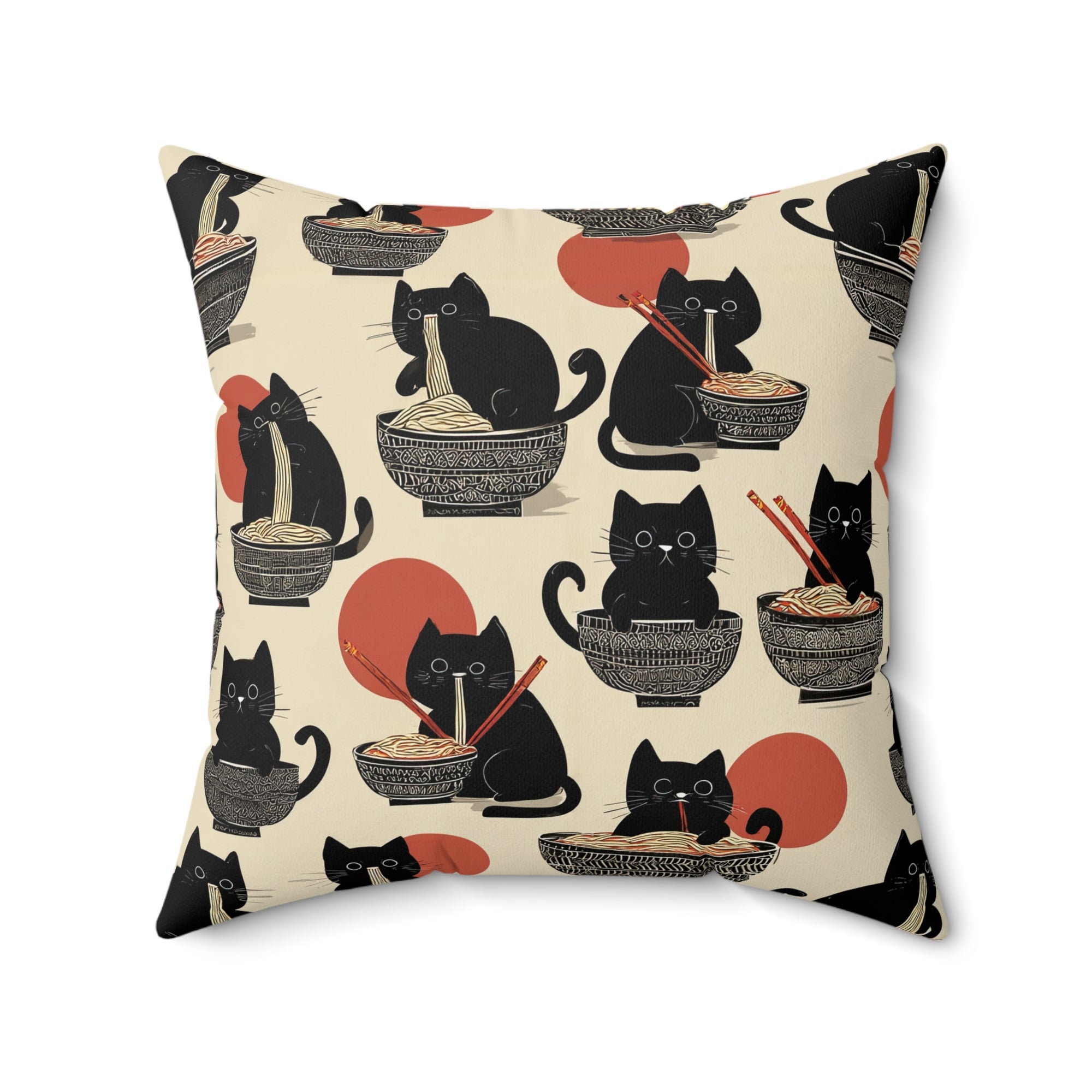 Indoor Square Pillow - A whimsical and delightful hand-drawn style pattern of adorable black cats eating bowls of delicious ramen noodles with a large red sun in the background.