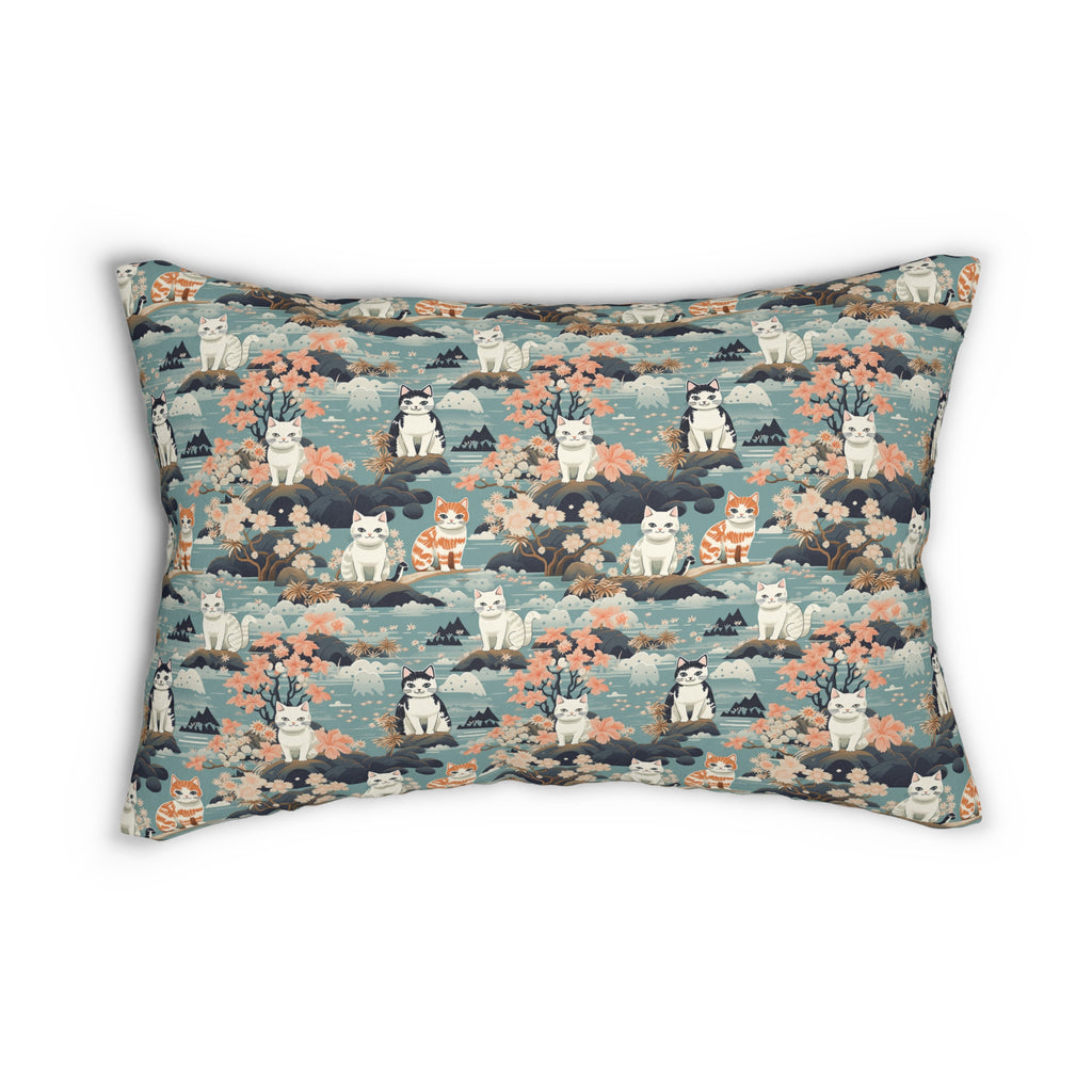 Indoor Lumbar Pillow - A serene watercolor painting of fluffy cats lounging on rocks, surrounded by cherry blossoms and blue water, in a tranquil, nature-filled, Japanese-inspired landscape.