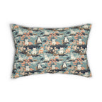 Indoor Lumbar Pillow - A serene watercolor painting of fluffy cats lounging on rocks, surrounded by cherry blossoms and blue water, in a tranquil, nature-filled, Japanese-inspired landscape.