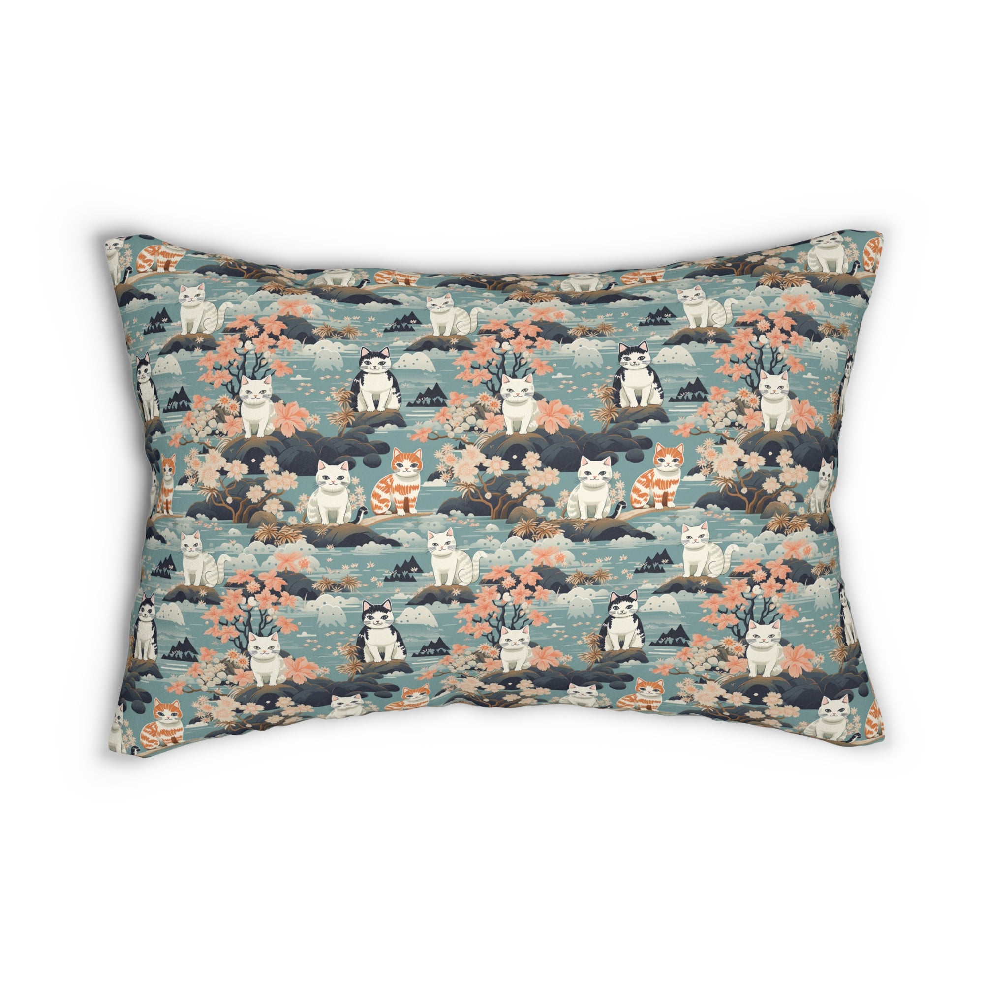 Indoor Lumbar Pillow - A serene watercolor painting of fluffy cats lounging on rocks, surrounded by cherry blossoms and blue water, in a tranquil, nature-filled, Japanese-inspired landscape.