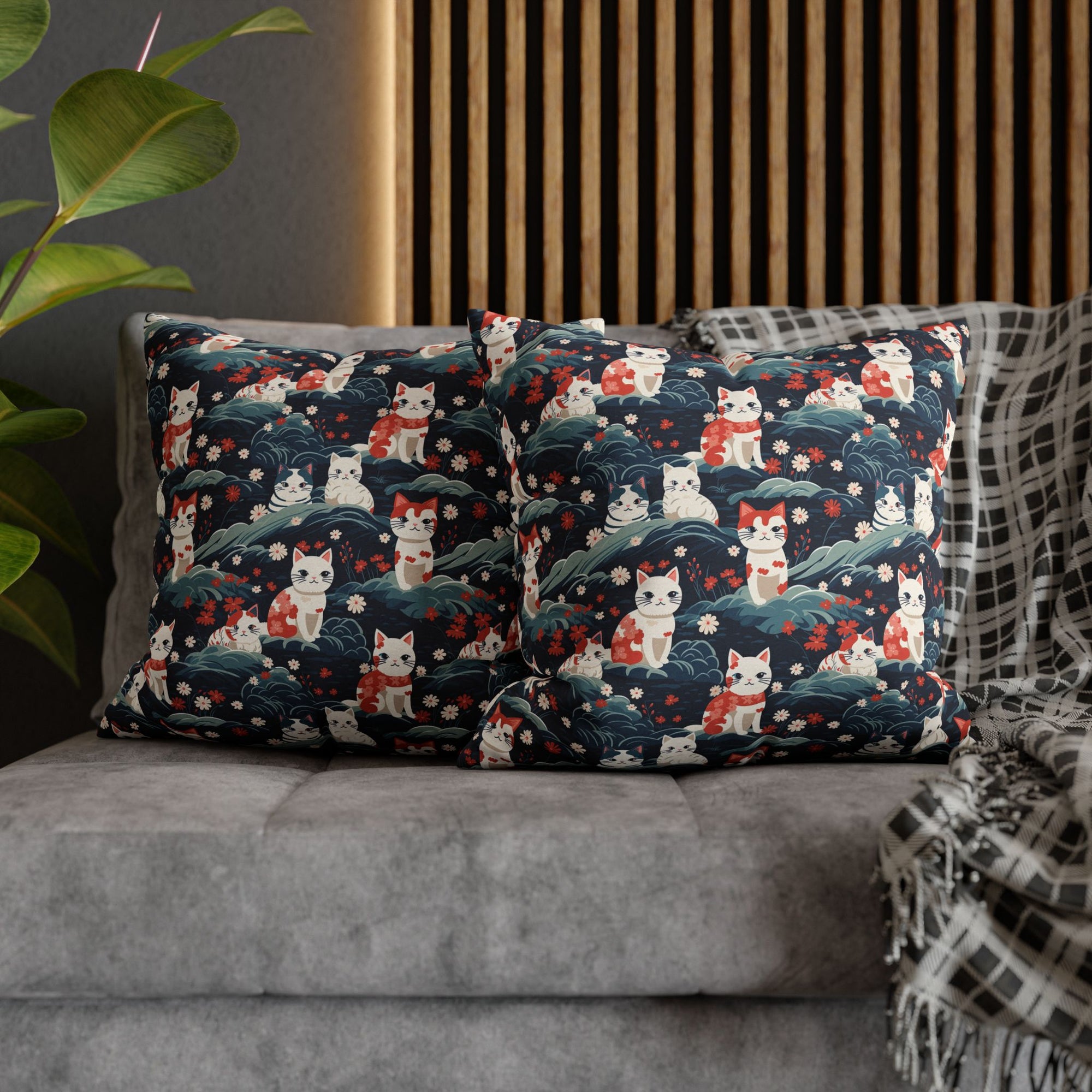 Square Pillowcase - A serene and sweet Japanese landscape pattern featuring multicolored cats relaxing within a tranquil field of red and white flowers and gentle blue hills.