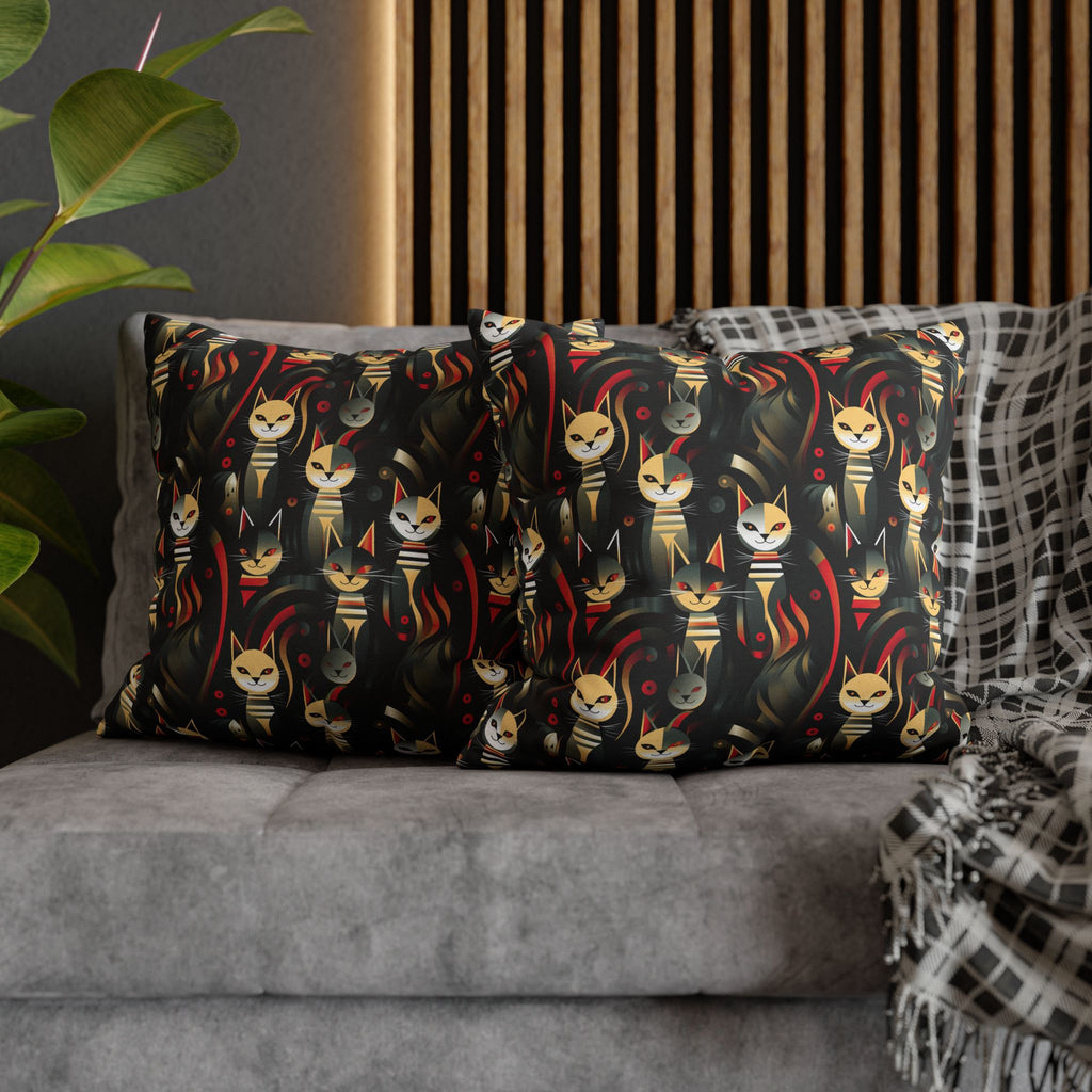 Square Pillowcase - A bold and striking Art Deco pattern showcasing stylized feline portraits with sharp, gold lines and geometric shapes set against a dark, dramatic background.