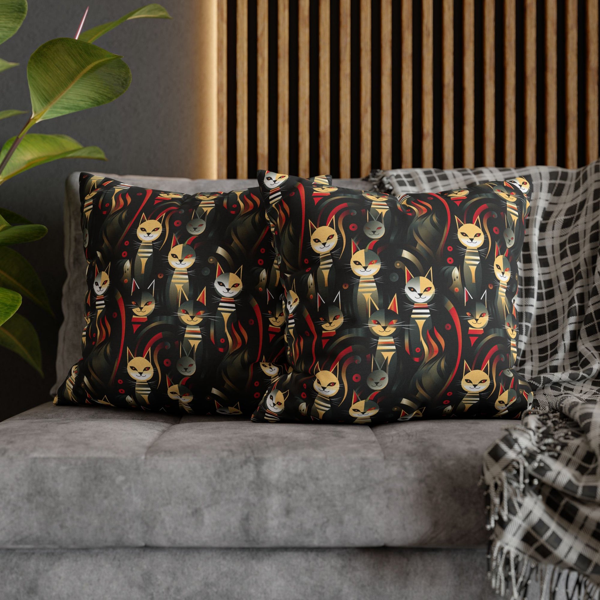 Square Pillowcase - A bold and striking Art Deco pattern showcasing stylized feline portraits with sharp, gold lines and geometric shapes set against a dark, dramatic background.