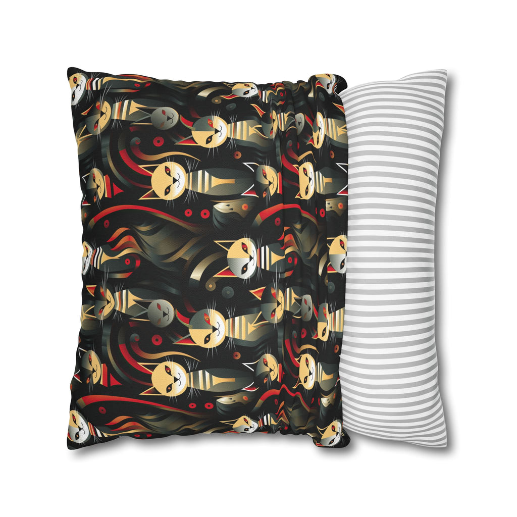 Square Pillowcase - A bold and striking Art Deco pattern showcasing stylized feline portraits with sharp, gold lines and geometric shapes set against a dark, dramatic background.