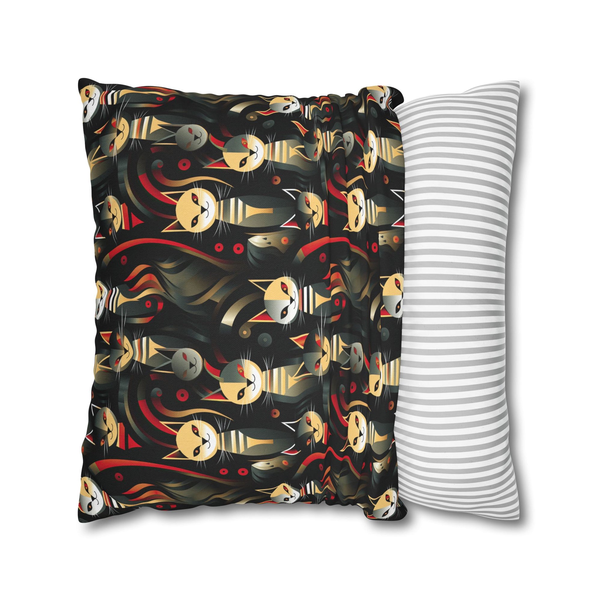 Square Pillowcase - A bold and striking Art Deco pattern showcasing stylized feline portraits with sharp, gold lines and geometric shapes set against a dark, dramatic background.