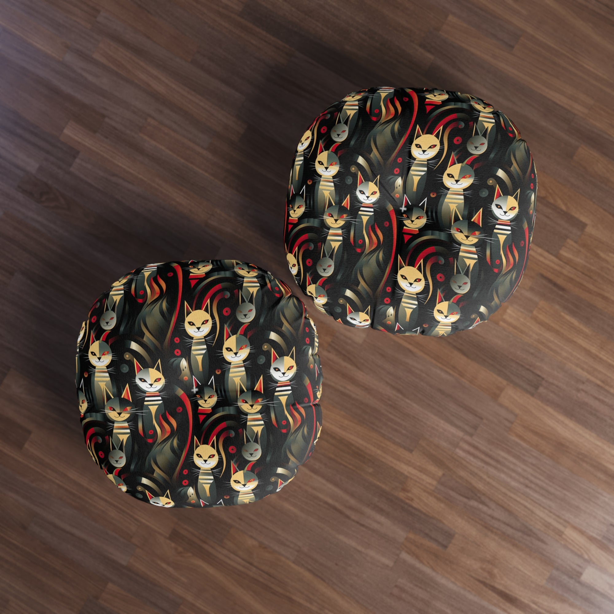 Indoor Round Floor Pillow - A bold and striking Art Deco pattern showcasing stylized feline portraits with sharp, gold lines and geometric shapes set against a dark, dramatic background.