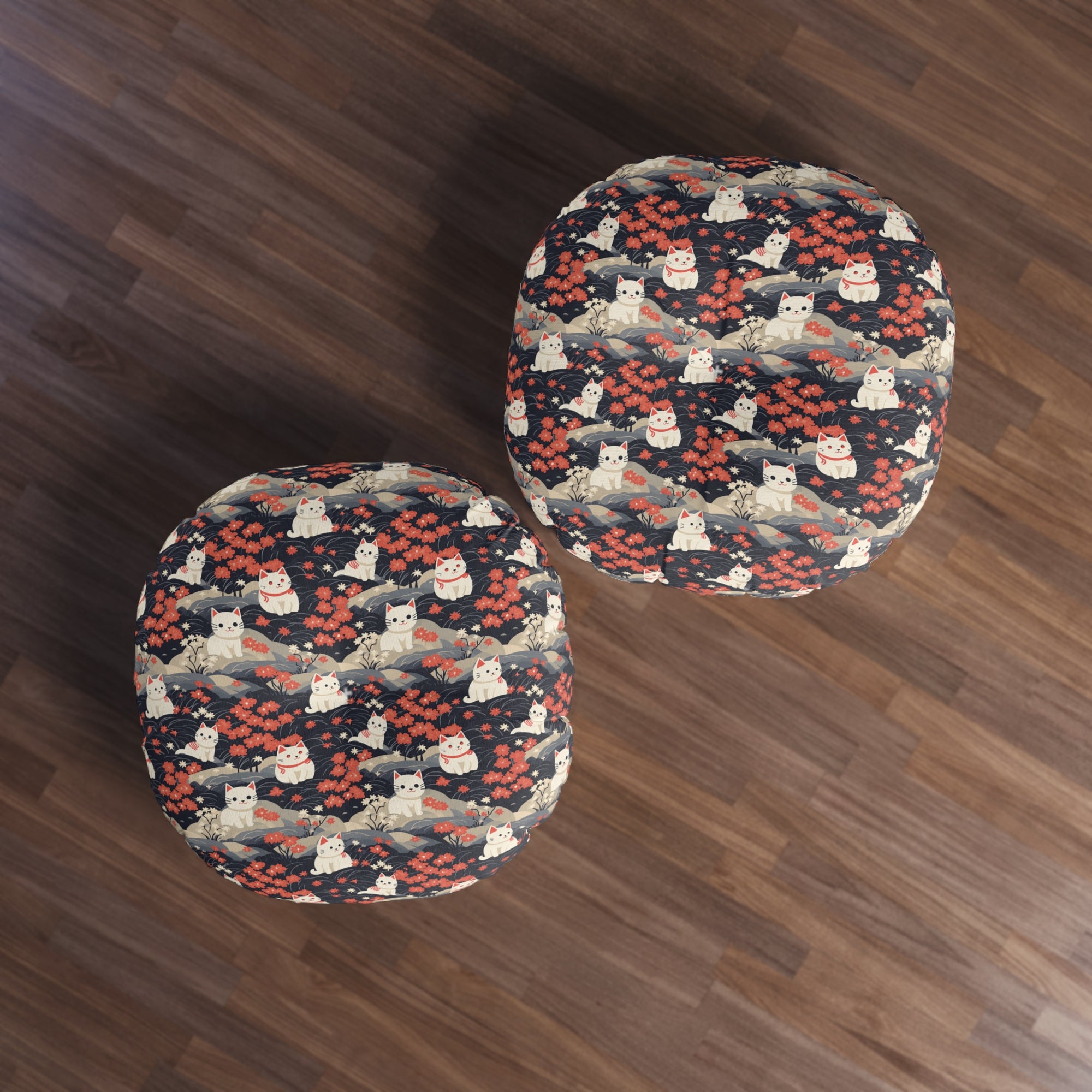 Indoor Round Floor Pillow - A charming, minimalist, Japanese-style illustration of cute white cats sitting amongst vibrant red and white flowers on a dark background.