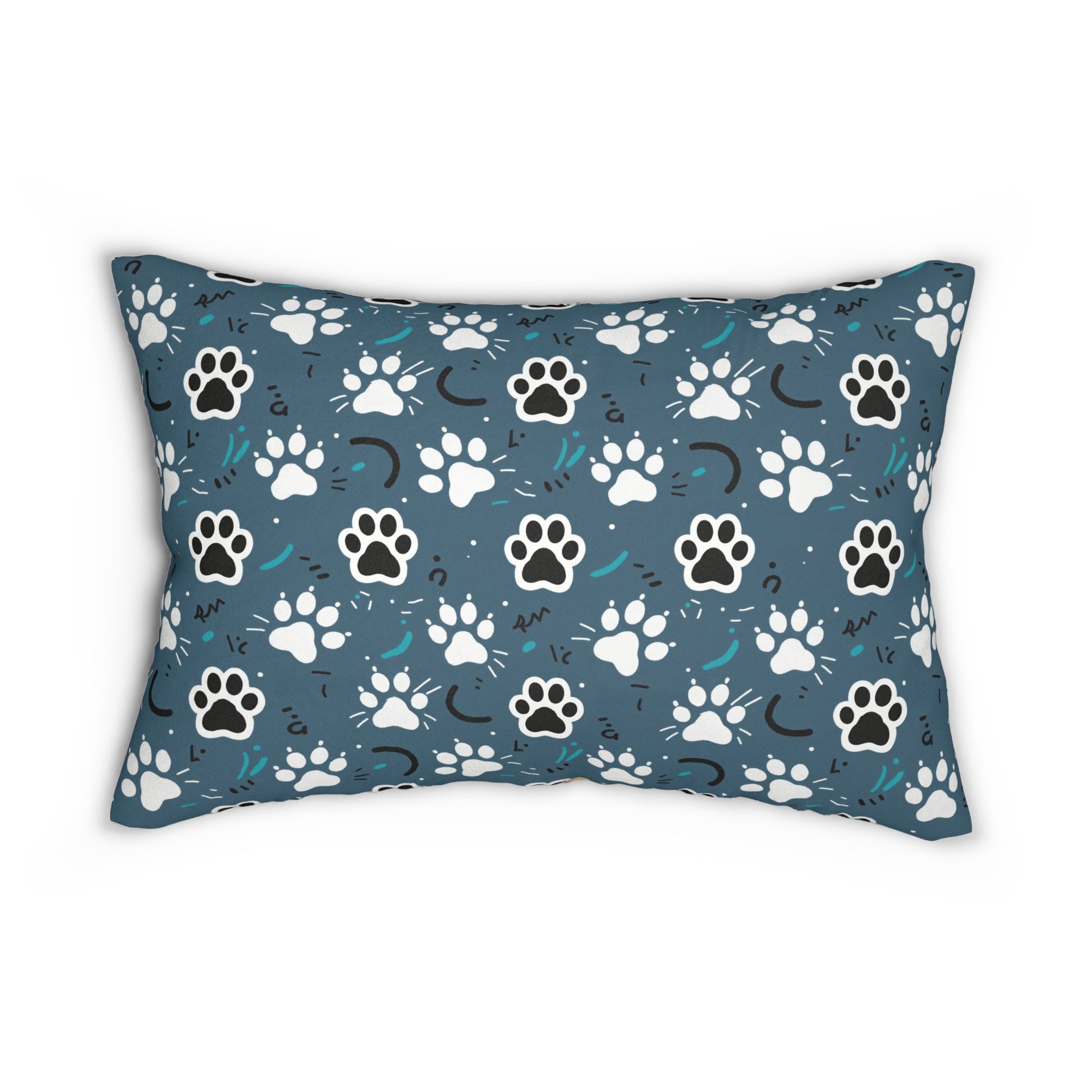 Indoor Lumbar Pillow - Vibrant boho chic cats and mandalas, colorful folk art style, playful felines with yarn and paw prints, artistic and bohemian cat design, cream background, unique animal print