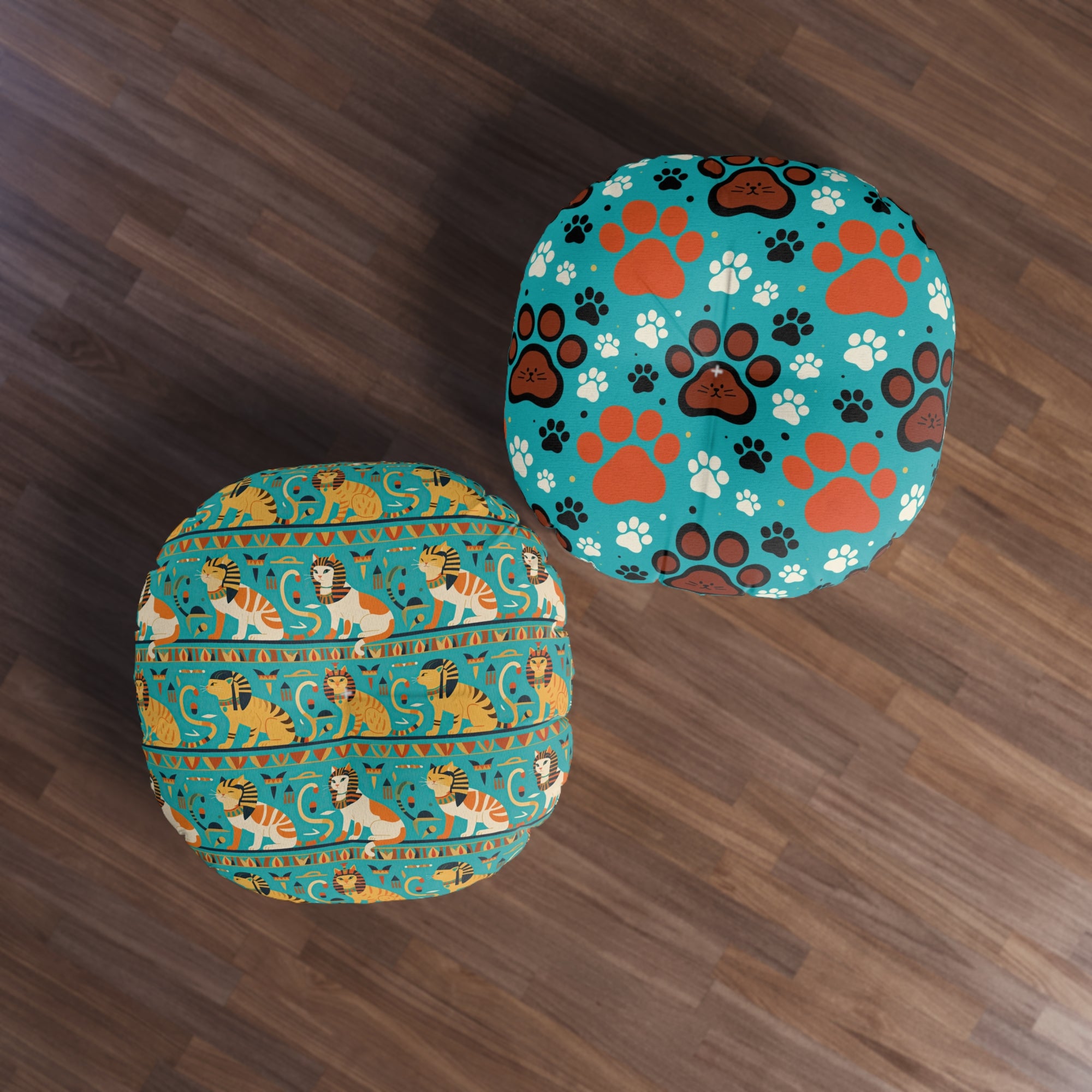 Indoor Round Floor Pillow - Horizontal Stripes of Golden Egyptian Cats and Intricate Hieroglyphs Form a Repeating and Historically Themed Border Pattern