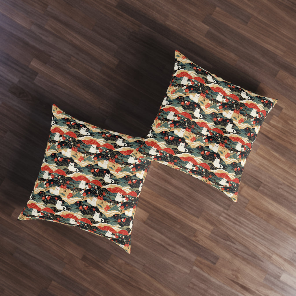 Indoor Square Floor Pillow - A beautiful, Japanese-inspired illustration of tranquil white cats resting on rolling clouds with vibrant red and white cherry blossoms.