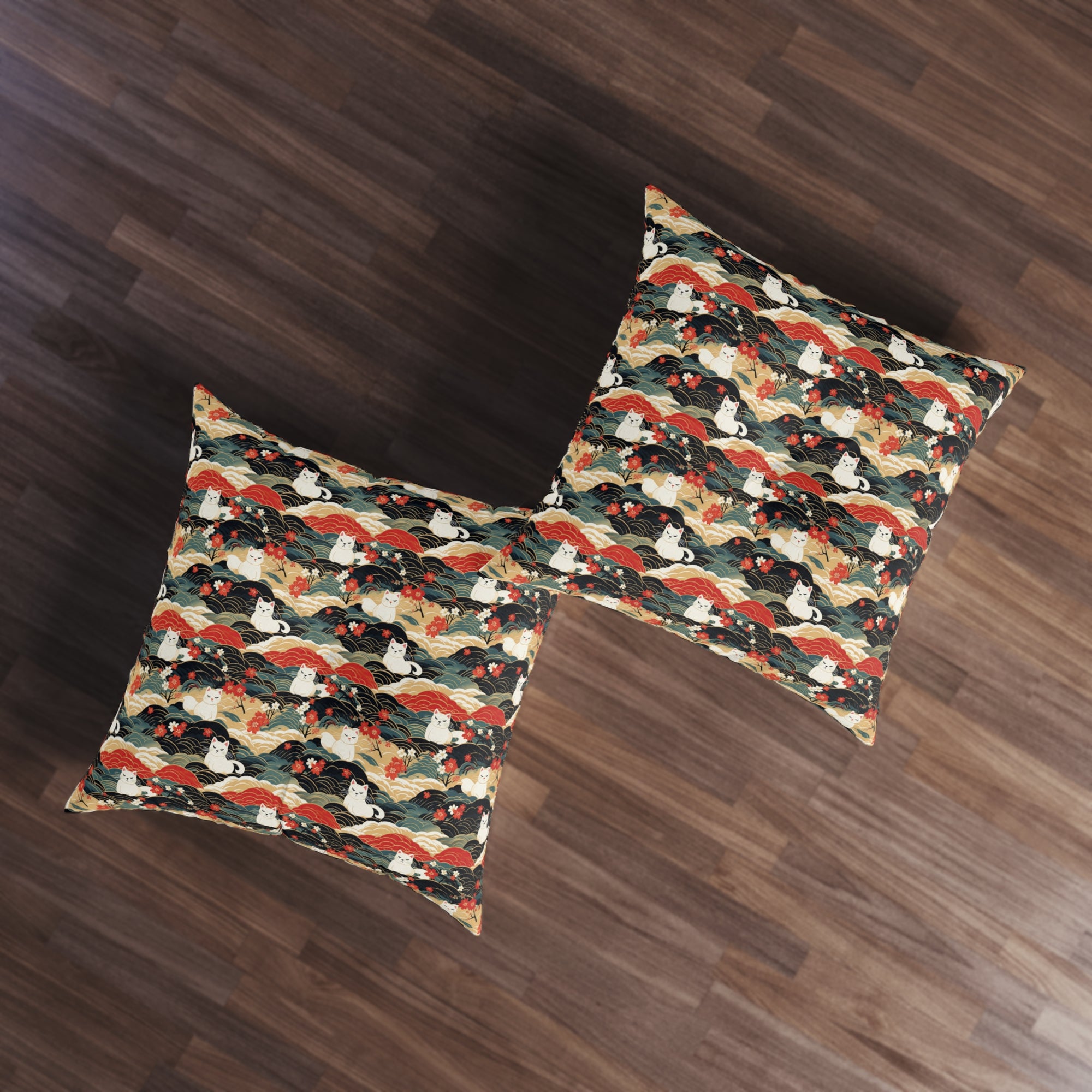 Indoor Square Floor Pillow - A beautiful, Japanese-inspired illustration of tranquil white cats resting on rolling clouds with vibrant red and white cherry blossoms.