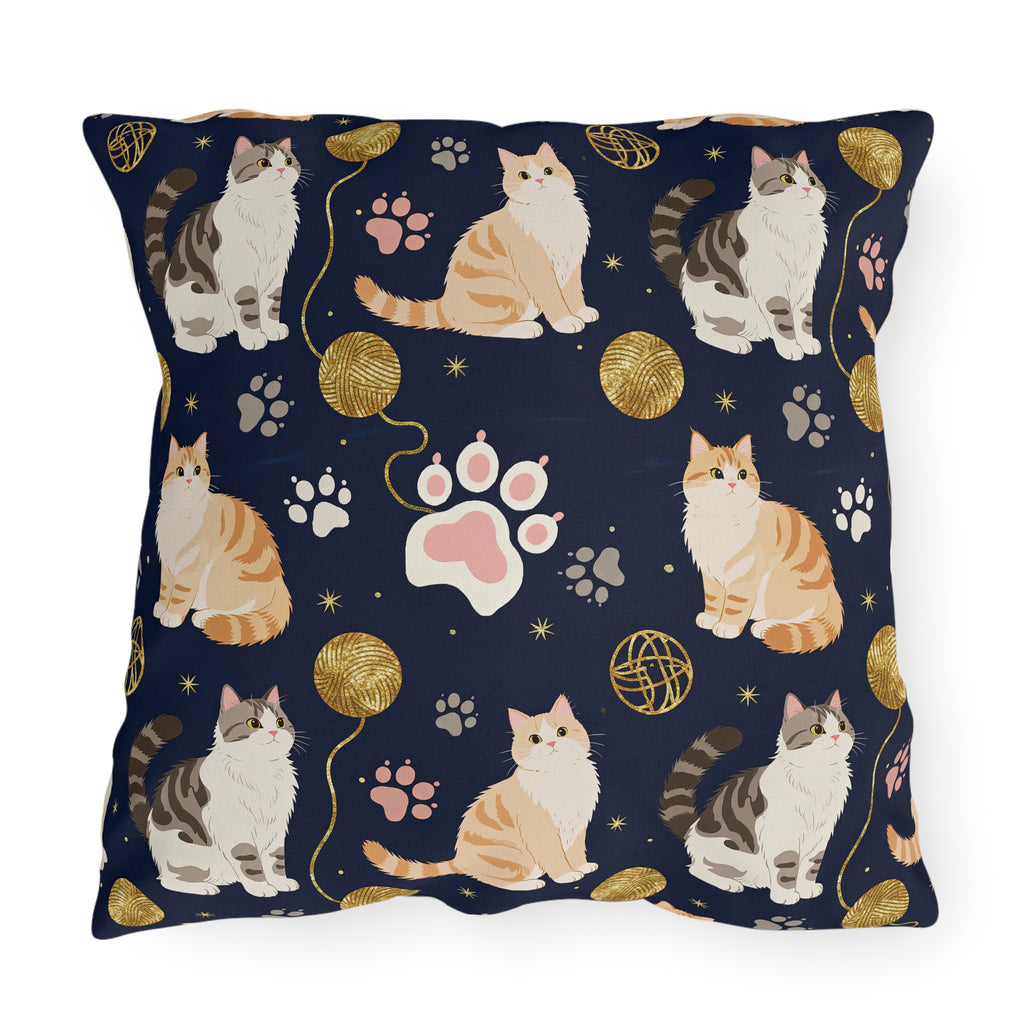 Outdoor Pillow - Charming cats and golden yarn playful design, cute kittens with paw prints, whimsical animal art for cat lovers, dark blue background, delightful pet themed illustration