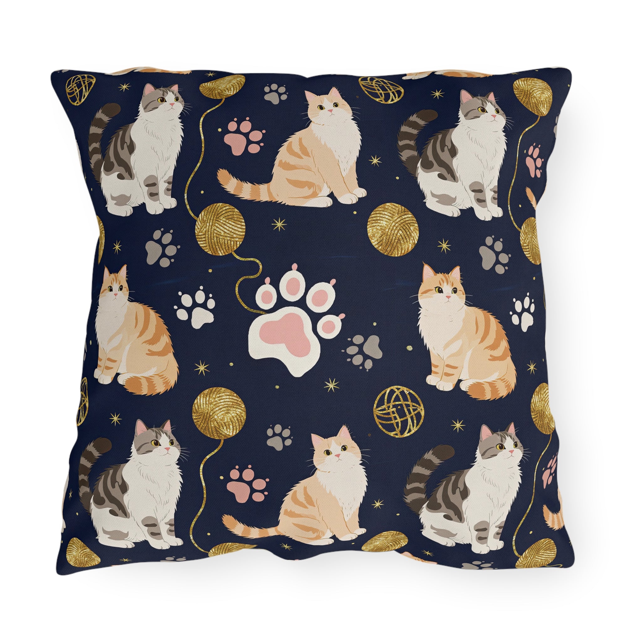 Outdoor Pillow - Charming cats and golden yarn playful design, cute kittens with paw prints, whimsical animal art for cat lovers, dark blue background, delightful pet themed illustration