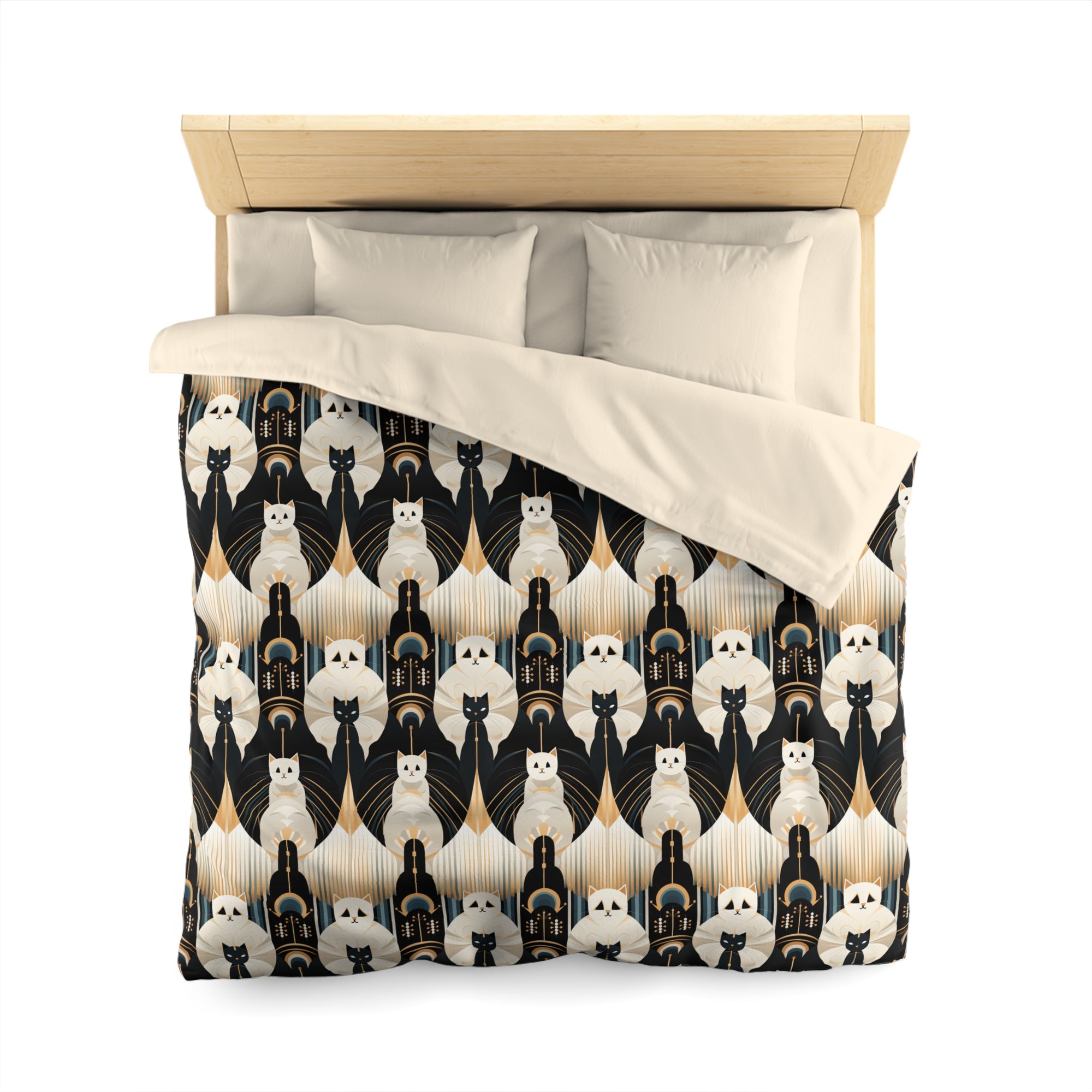 Duvet Cover - An elegant and artistic Art Deco-style pattern featuring streamlined white cats with a striking geometric backdrop of golden and black lines and shapes.