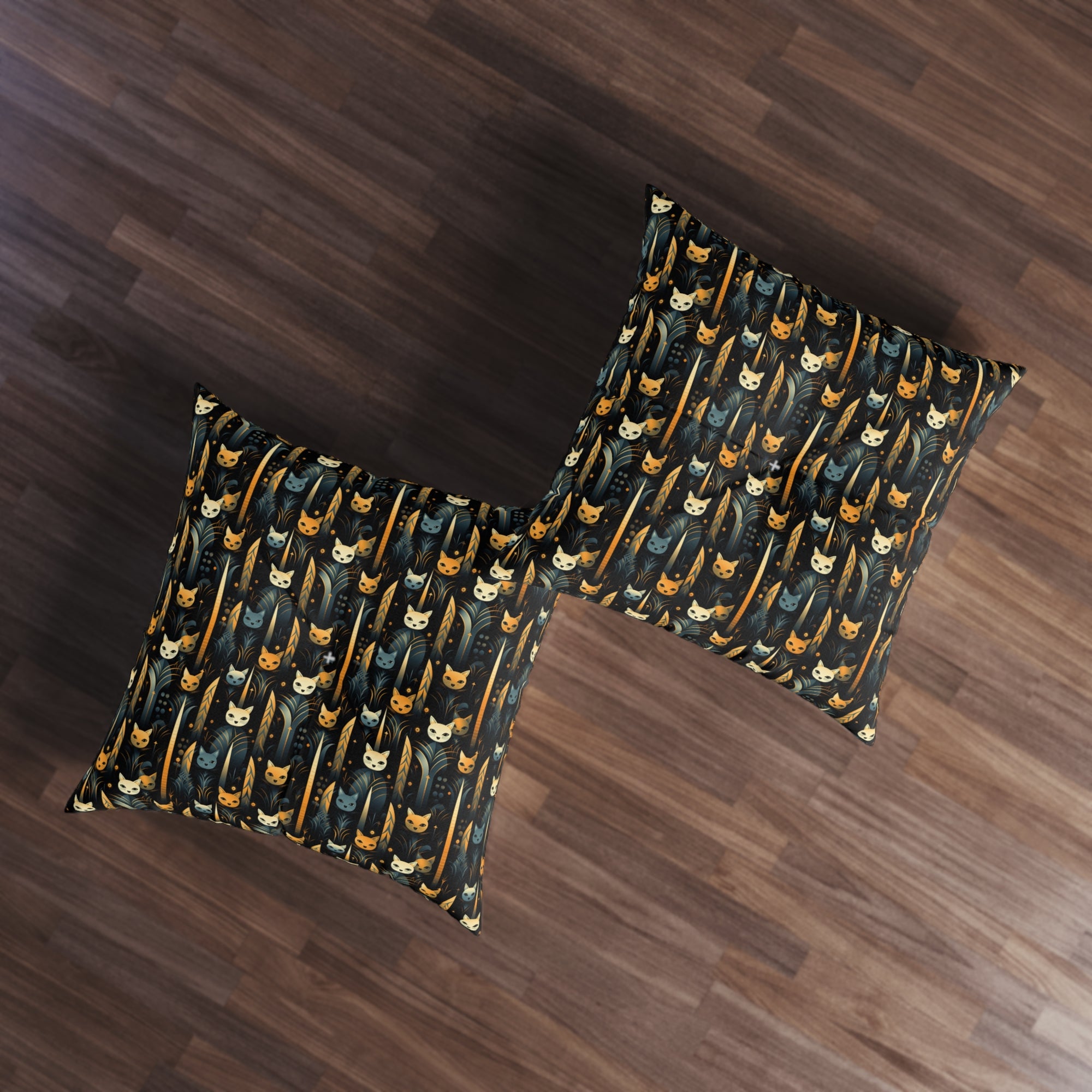 Indoor Square Floor Pillow - A sleek and stylish Art Deco-inspired pattern depicting a serene nocturnal landscape with streamlined cat silhouettes and radiating golden light among abstract plants.