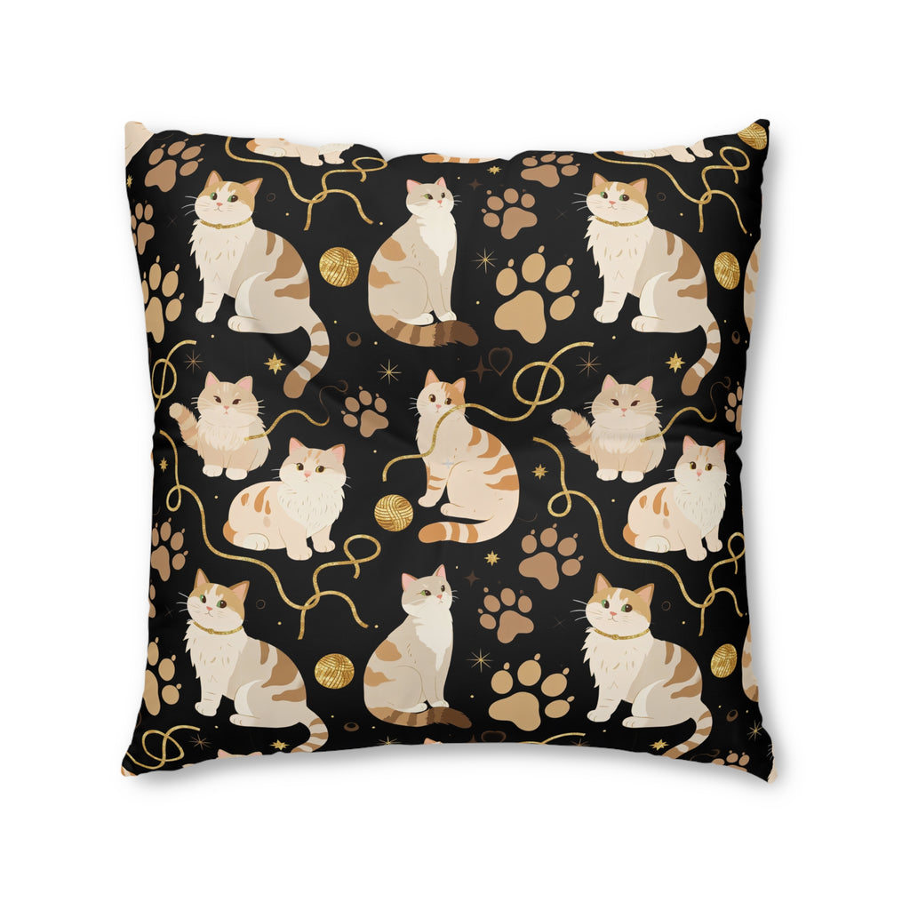Indoor Square Floor Pillow - Elegant felines and sparkling gold yarn on black, adorable cats with golden paw prints, sophisticated pet motif, charming animal pattern, cozy and warm artistic illustration